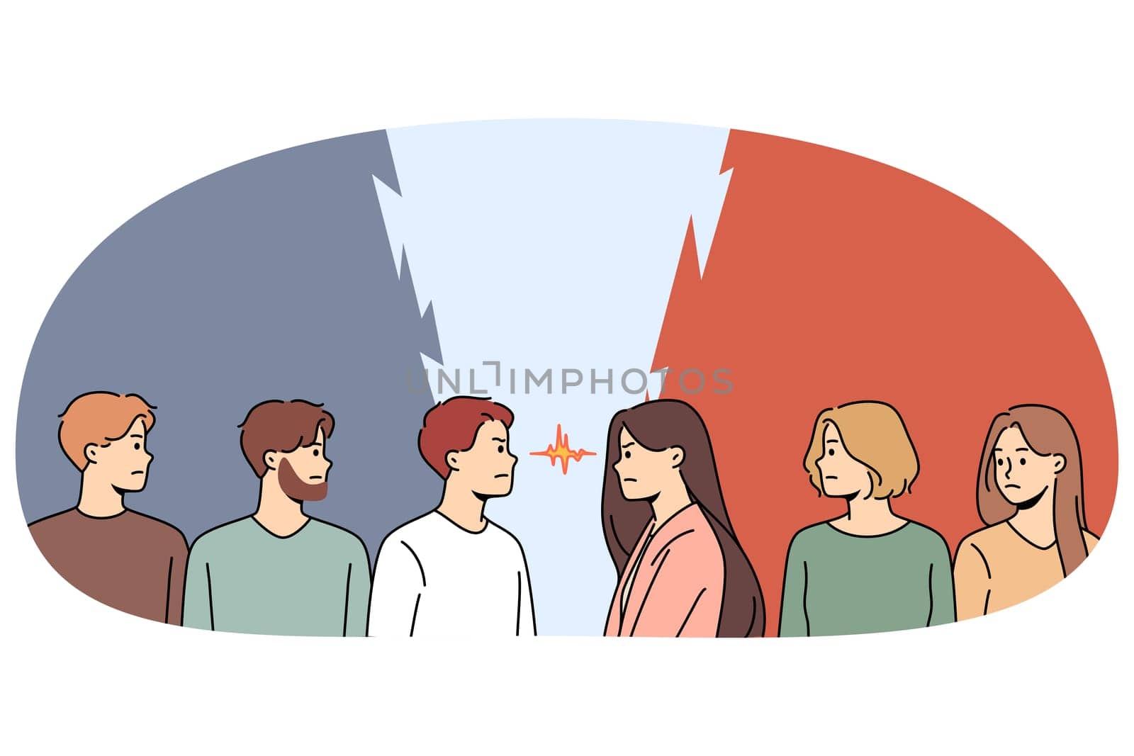 Angry men and women look in eyes stand opposite. Determined mad male and female rivals or competitors oppose. Concept of gender confrontation and opposition. Vector illustration.