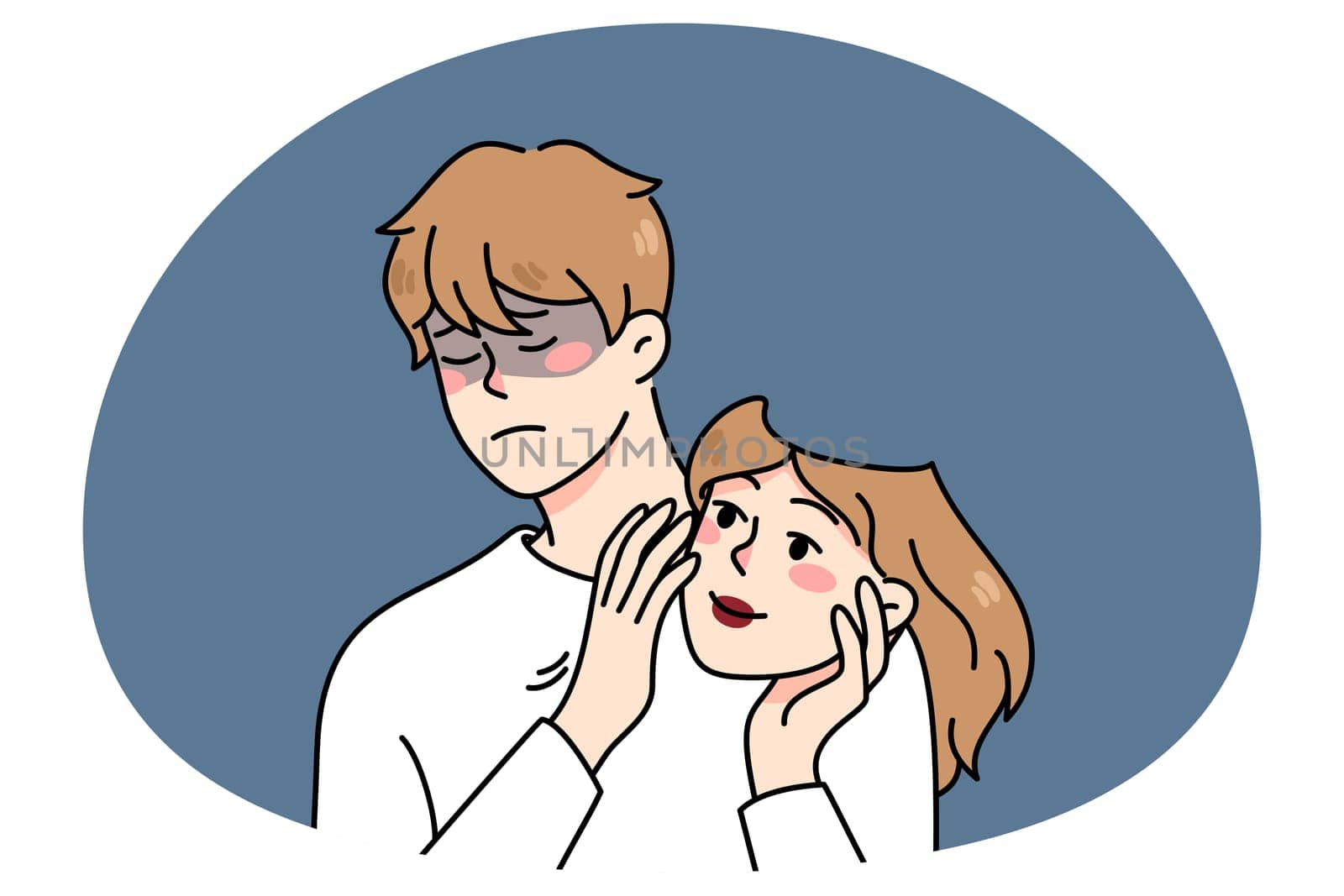 Young man holding woman mask suffer from gender determination problem. Transgender male person think of change to female. Non-binary and queer concept. Vector illustration.