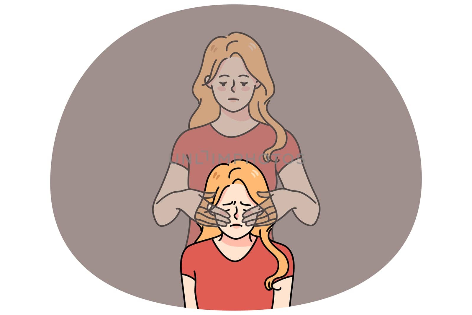 Unhappy young woman feel stressed have her ghost twin cover eyes with hands. Upset girl struggle with depression or reality denial. Concept of self-deception. Flat vector illustration.