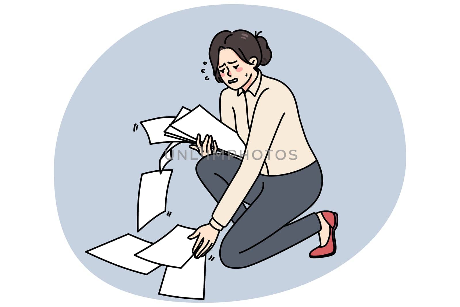 Unhappy businesswoman crying collect scattered on floor papers. Upset stressed clumsy woman gather dropped documents or paperwork, clean mess at workplace. Vector illustration.