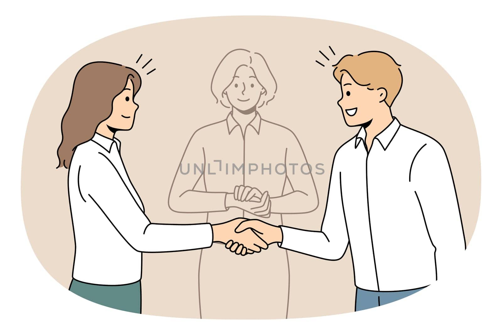 Business partners shake hands find solution with help of mediator. Happy employees or colleagues come to agreement resolve problem with impartial arbitration. Vector illustration.
