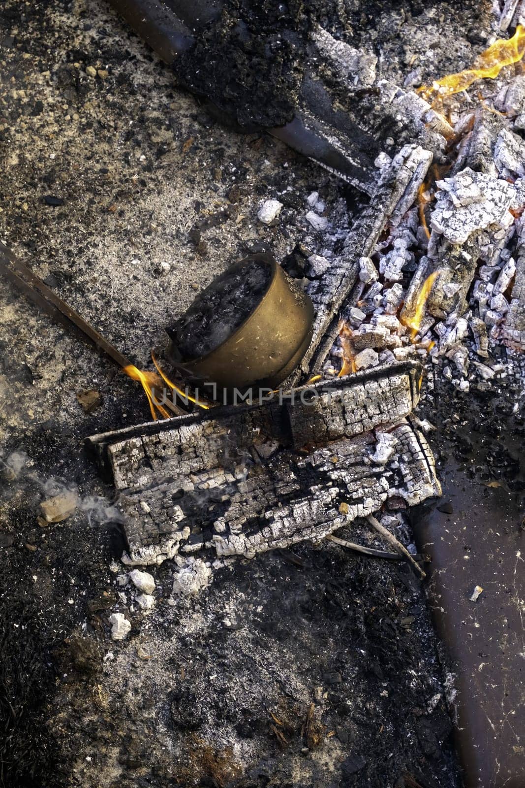 Detail of wood burning with fire and flames, destruction