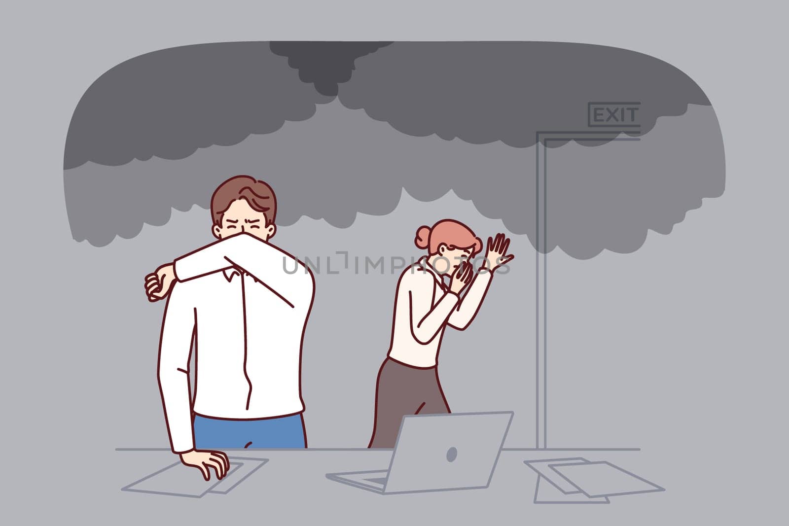 Office workers are evacuated from burning building during fire or smoke emergency. Men and women in formal wear panic and flee preparing to evacuate after smoke and fire spread through office