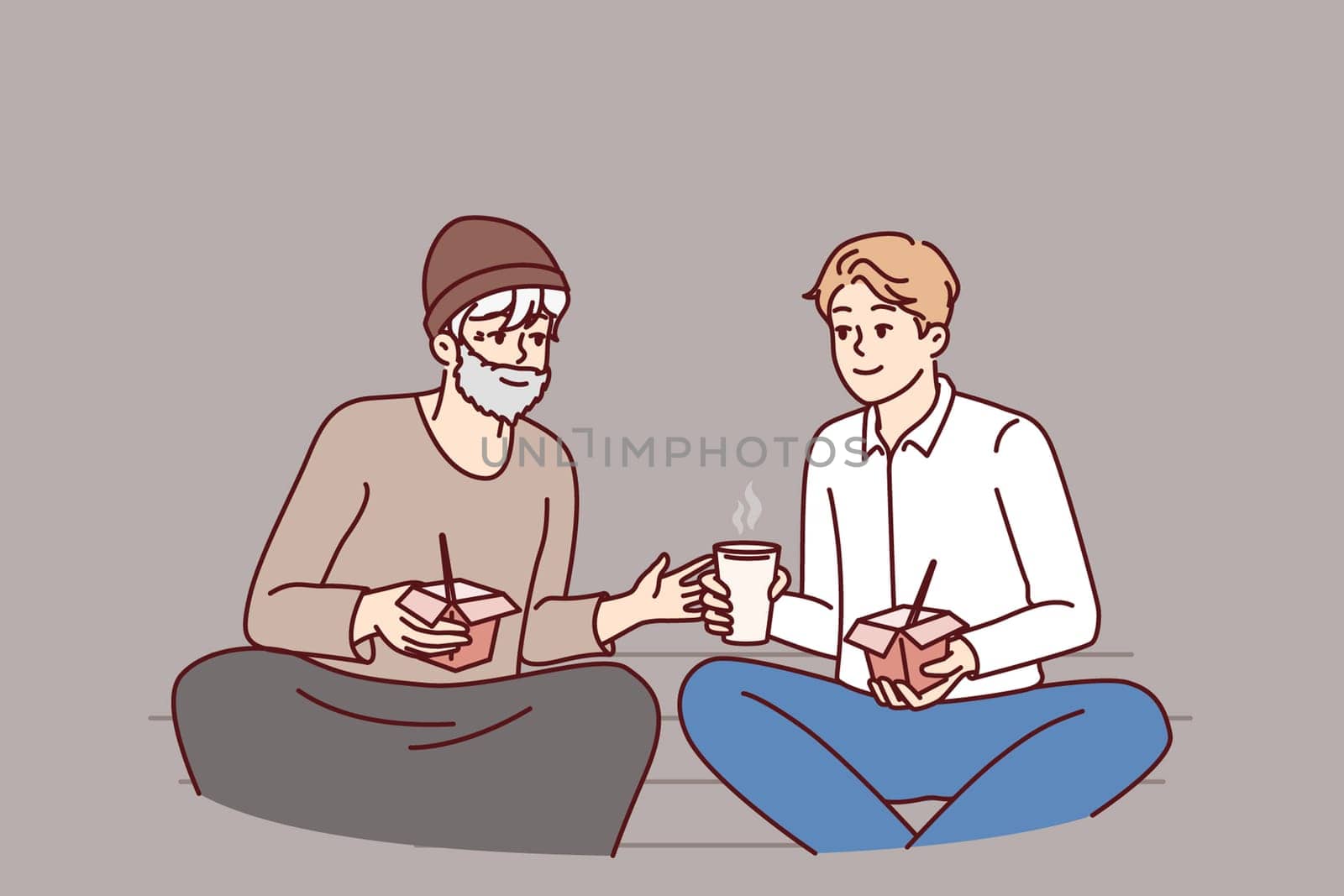 Successful man is having lunch with homeless person treating needy person with food for concept of social inequality. Homeless man asks for advice about businessman in hope of improving life