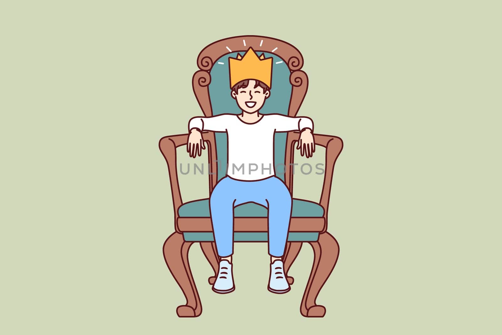 Little boy sits on throne with crown on head dreaming of growing up to be prince or king. Teenager boy in golden crown made of paper laughs with eyes closed and imagining monarchy.