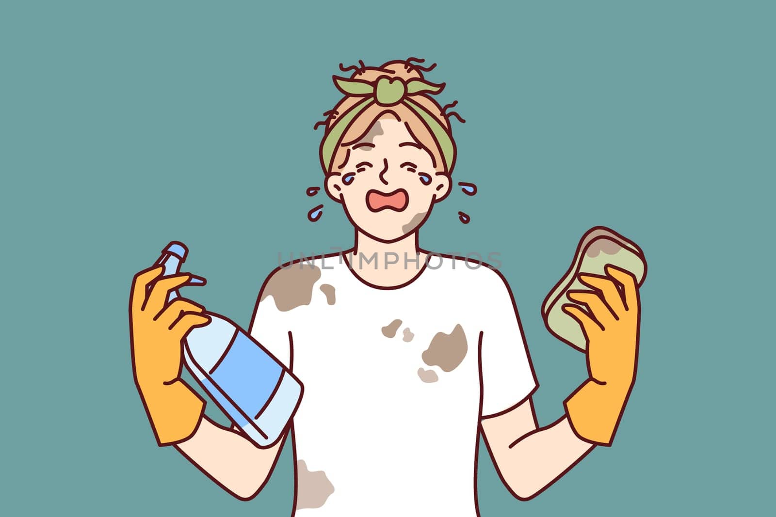 Woman housewife in dirty clothes is crying because of large amount housework and lack of rest. Girl housewife with tears in eyes holds sponge and spray bottle for cleaning in apartment