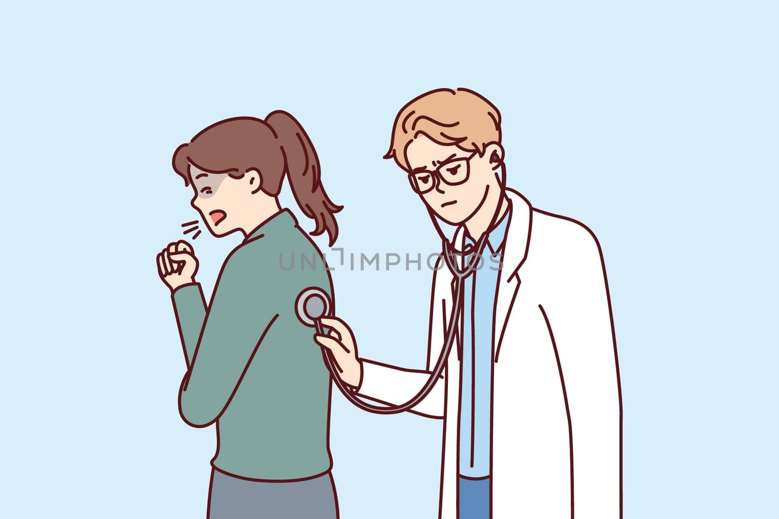 Doctor uses stethoscope examining coughing patient and auscultating woman suffering from flu or pandemic. Hospital doctor examines girl with diseased bronchi or tuberculosis disease