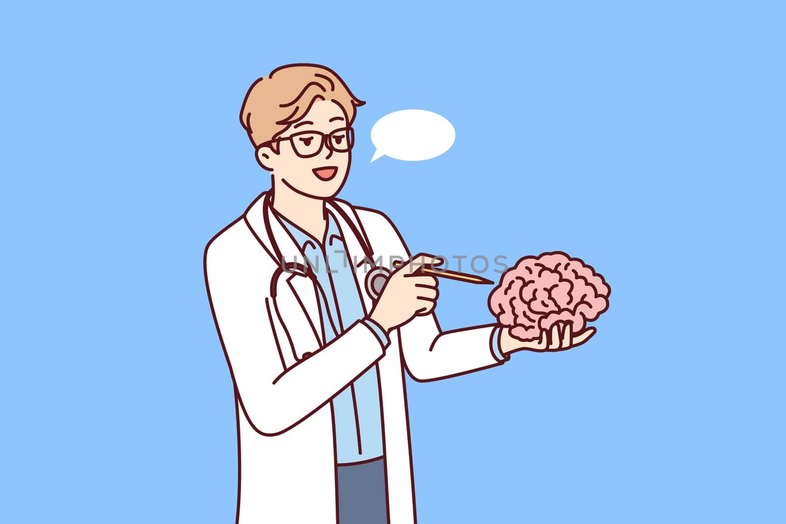 Doctor holds brain in hand explaining work of neurons to students of medical college or university. Concept studying human brain to find possibility of treating alzheimer disease or dementia