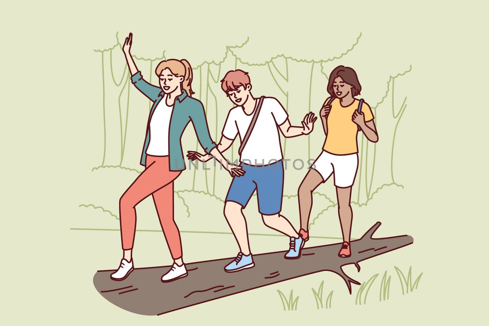 Group of friends participate in hike balancing on log thrown across river instead of bridge. Guy and two girls enjoy outdoor activities and hike in nature reserve with impenetrable terrain