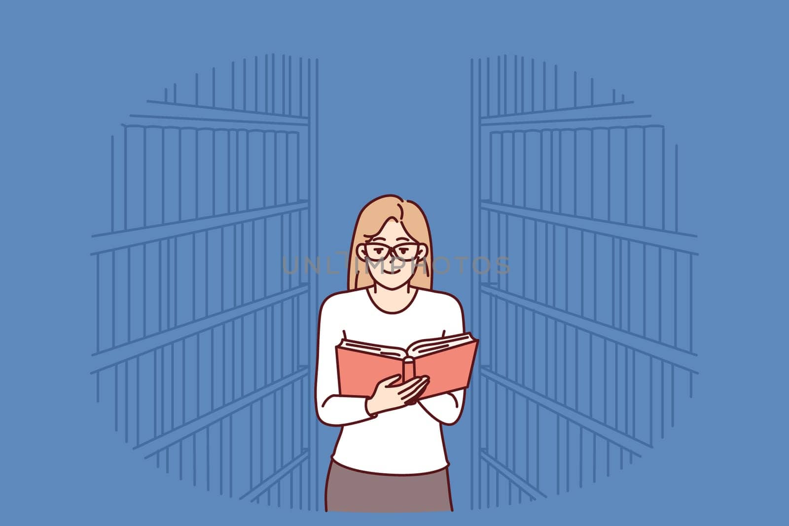 Woman is reading book in library, standing among shelves with textbooks and looking for right encyclopedia. Girl with book works as librarian or is visitor to bookstore and is fond of secondhand books