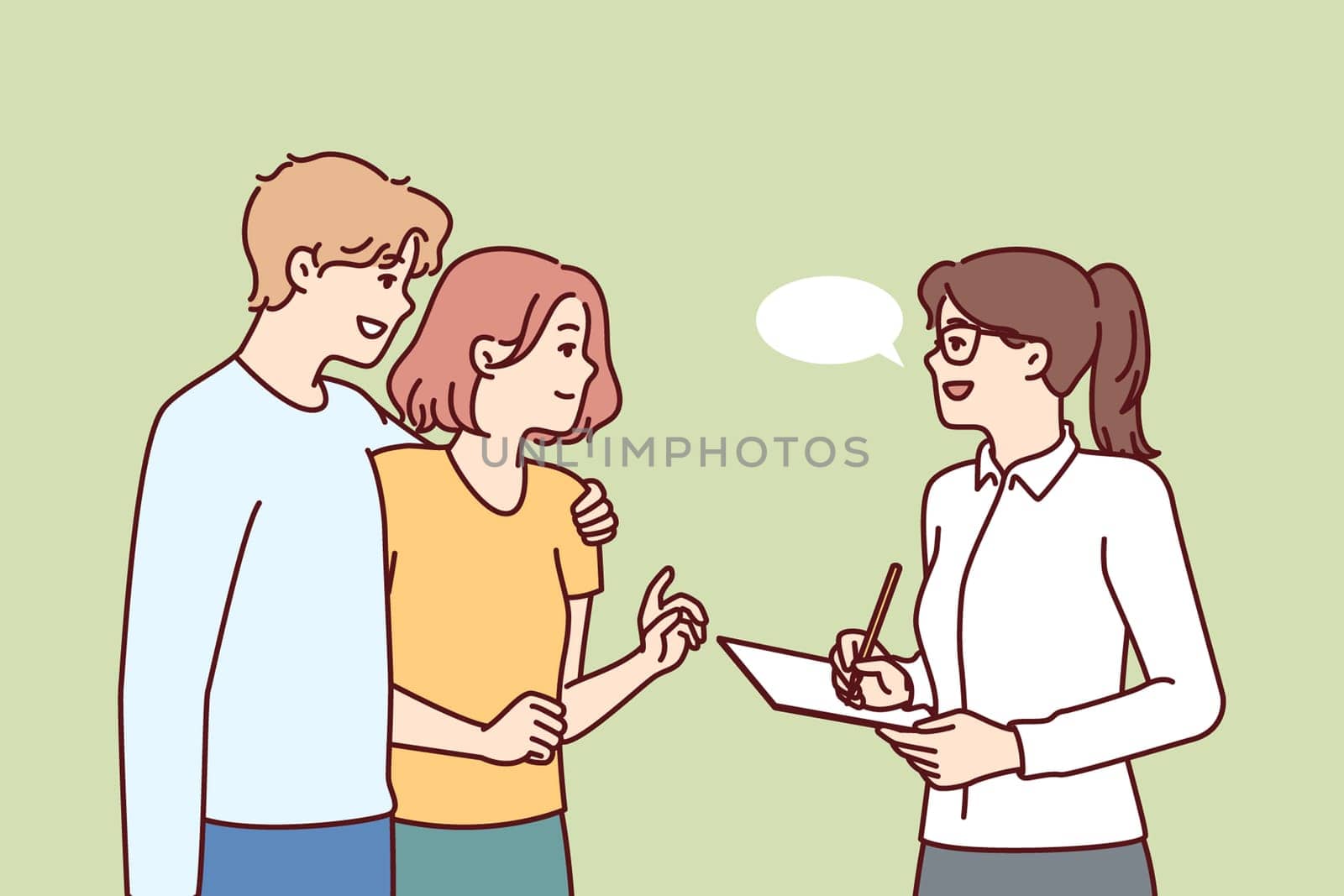 Couple takes social survey answering interviewer questions and evaluating quality of services provided. Woman conducts social research by interviewing passers-by and writing data in notebook.