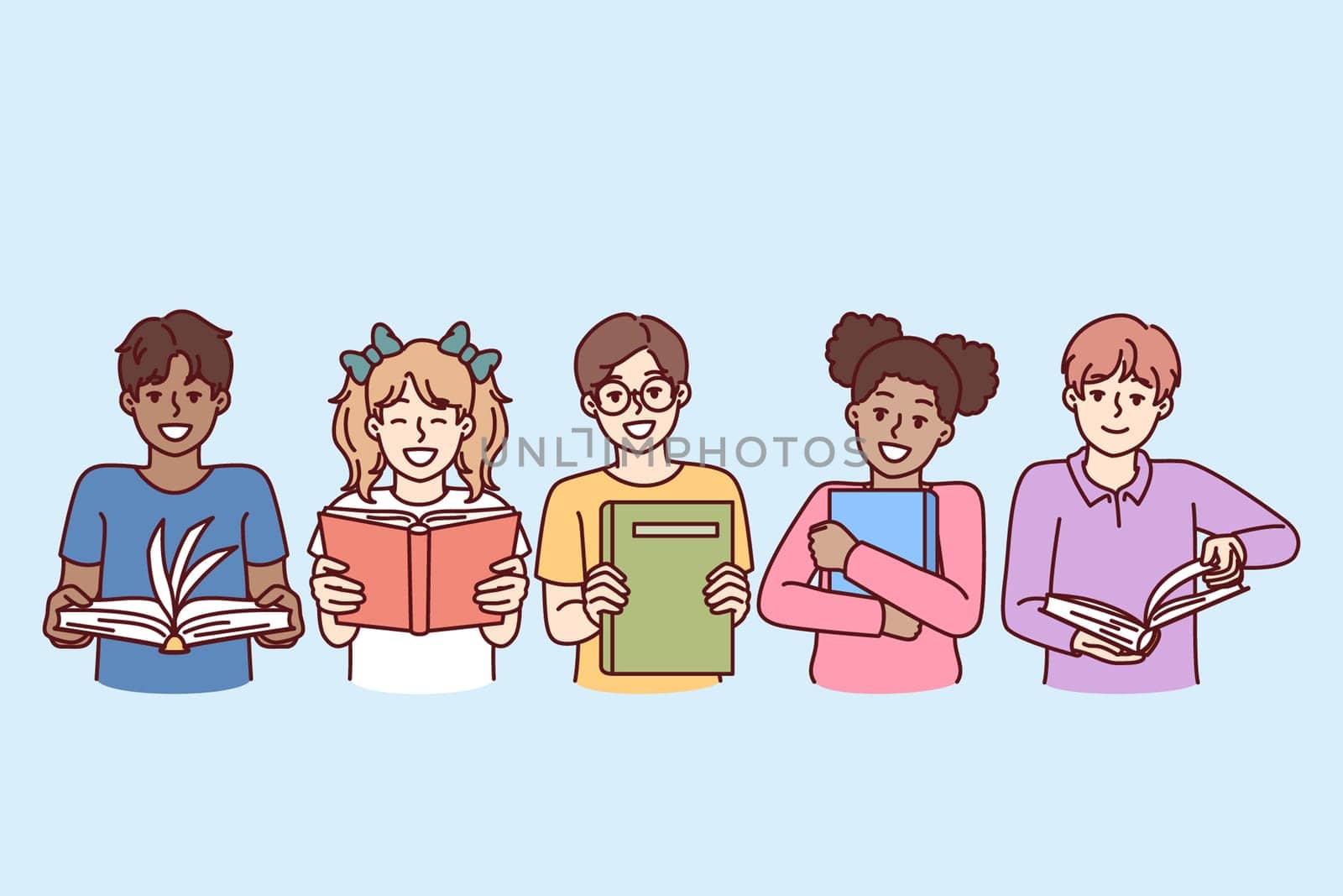 Little diverse kids with books smile and look at screen for happy childhood concept. Children boys and girls, elementary school students read textbooks given by teacher for extracurricular education