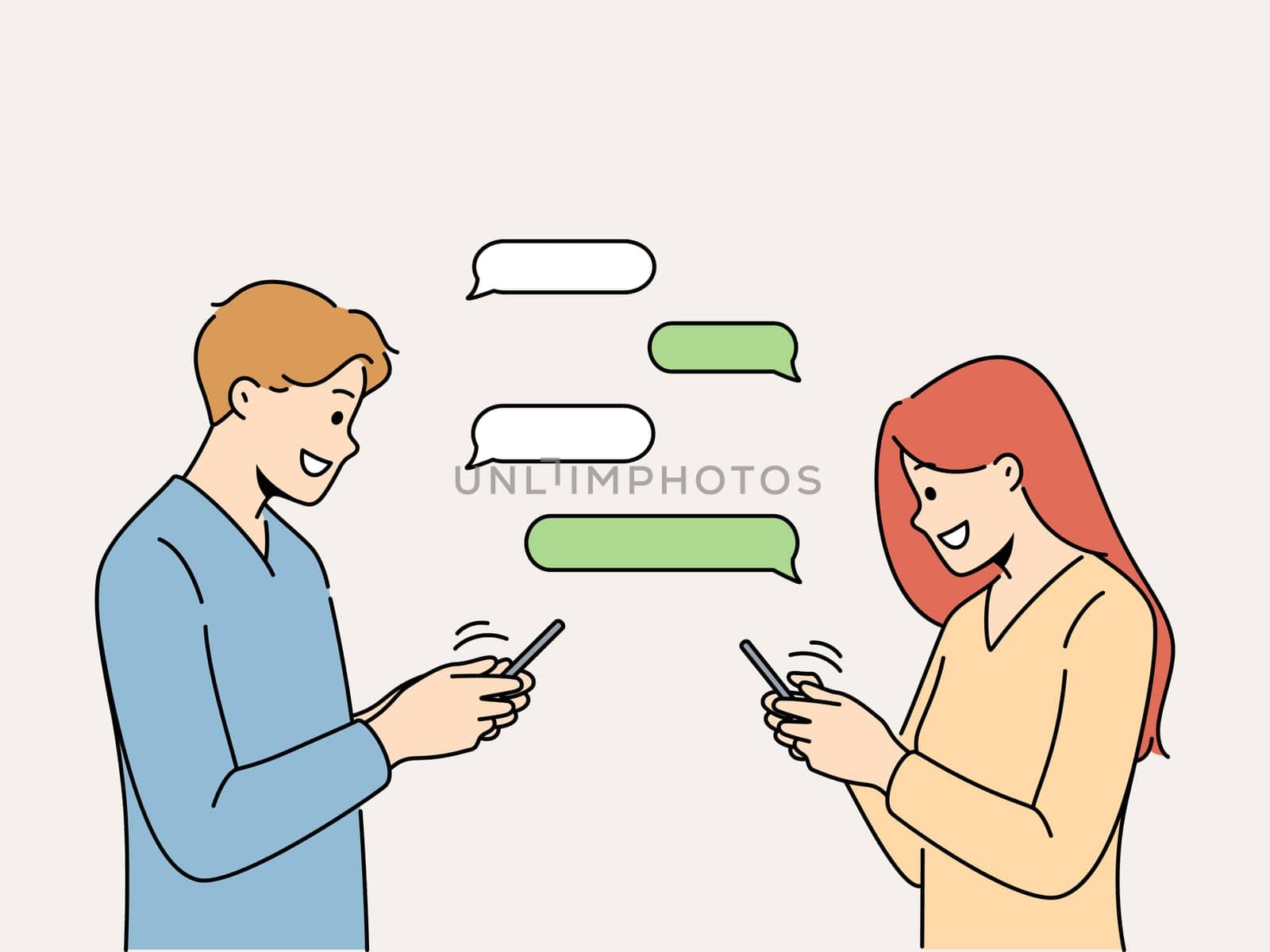 Smiling man and woman chatting online on social media on speech bubbles. Happy couple message on internet on cellphones. Dating and flirting on web. Vector illustration.