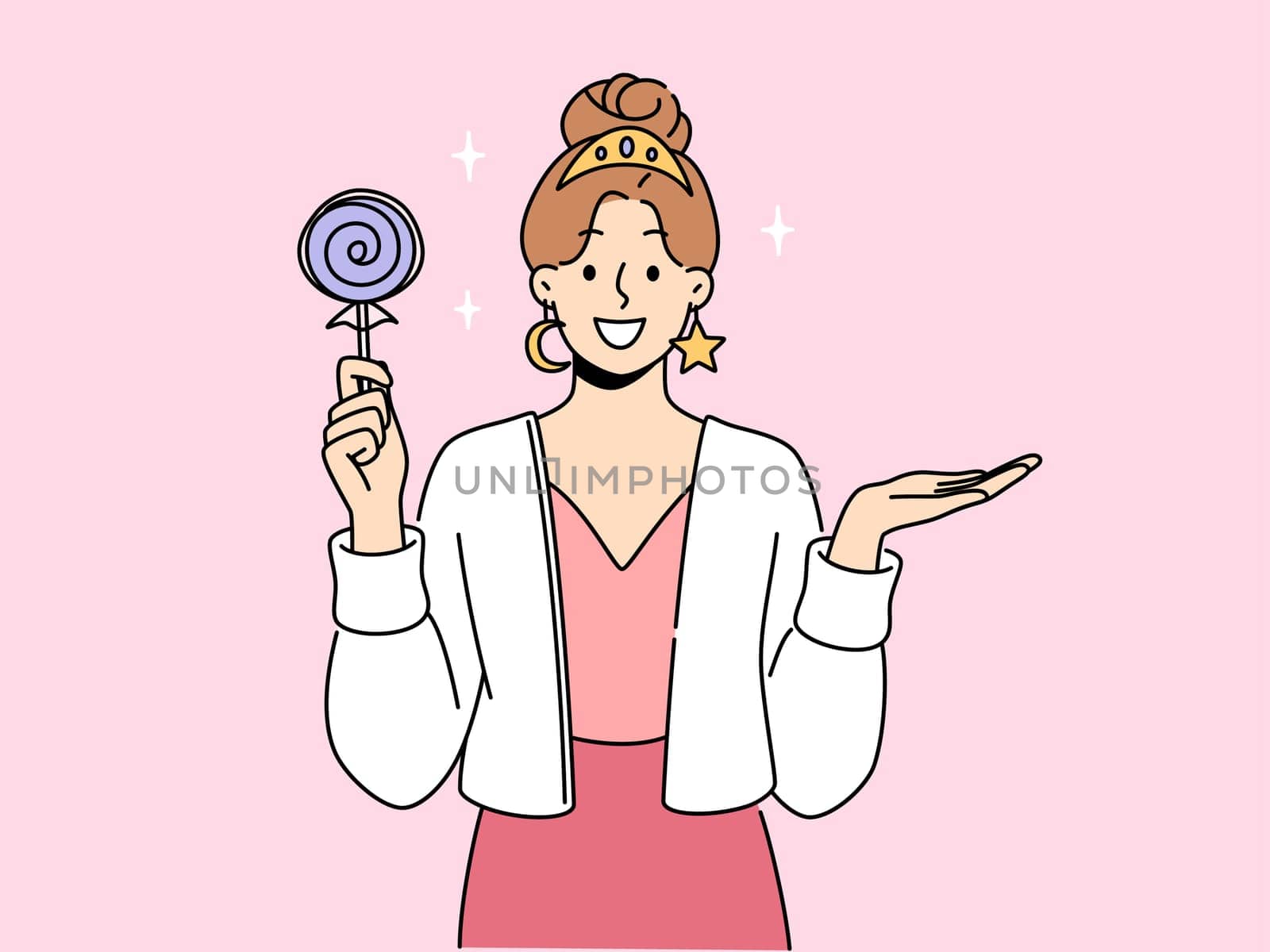 Smiling woman with crown and jewelry holding lollipop in hands. Happy girl in stylish clothes and accessories with candy in hand. Vector illustration.