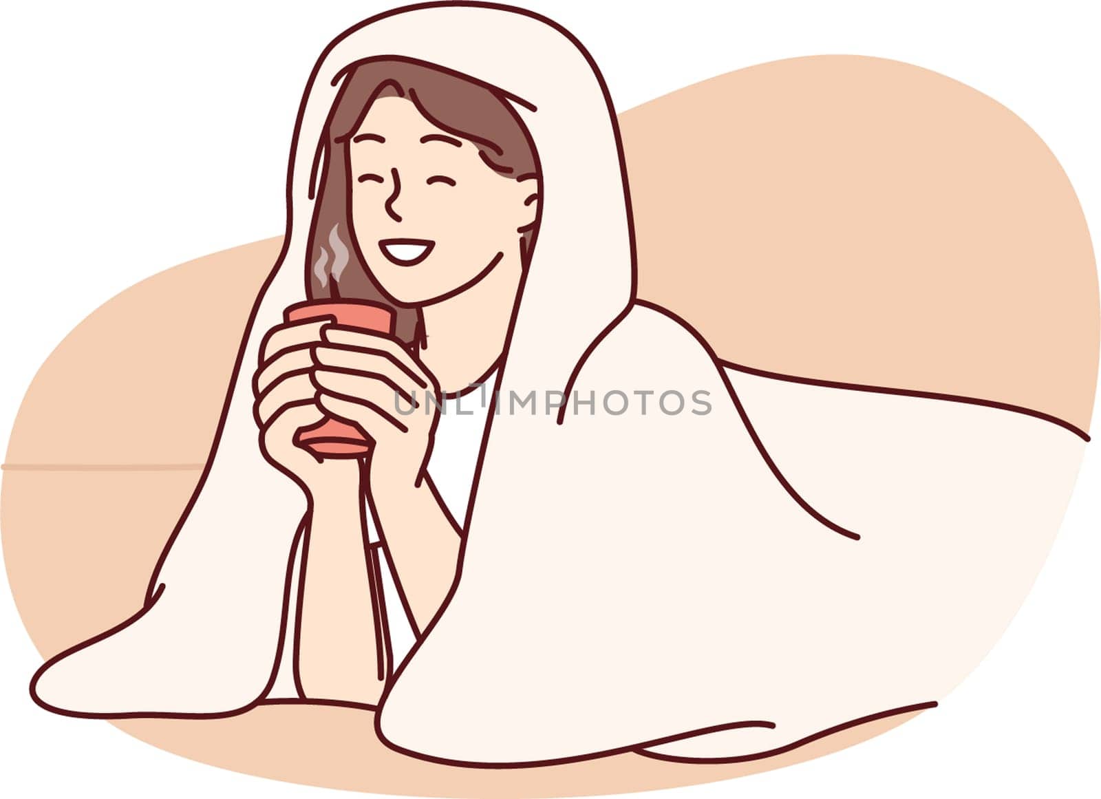 Girl with cup of hot coffee lies wrapped in blanket and smiles enjoying winter morning. Woman drinking hot drink with blanket to keep warm after walking on cold street for autumn mood concept