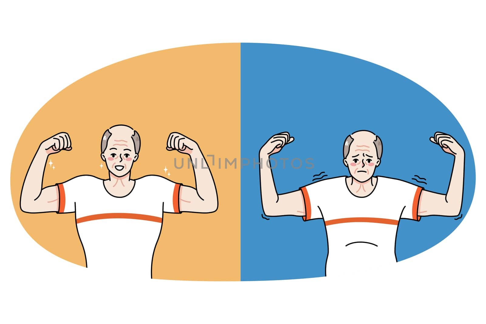 Old man before and after sport and physical activity. Weak and strong senior grandfather life change. Male pensioners show good results of exercise and workouts. Vector illustration.