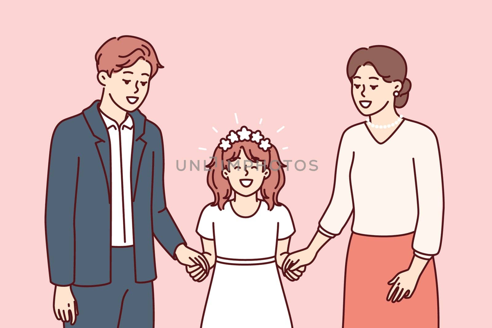 Little girl along with father and mother on day of holy communion according to christian catholic traditional rite. Preteen girl in white elegant dress participates in communion ceremony with parents