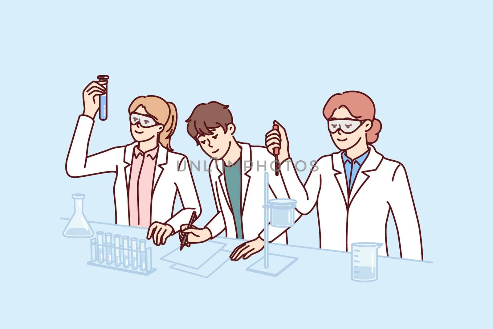 Students conduct experiments in laboratory doing scientific research to prepare for chemistry exam. Guys and girls in white coats stand at laboratory table with flasks filled with chemical reactions.