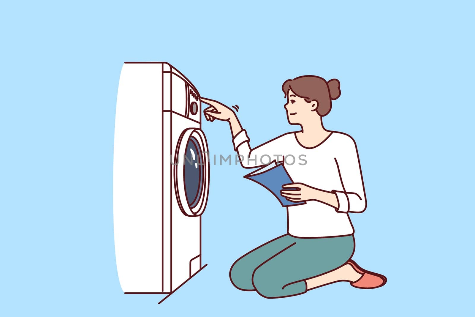 Woman turns on washing machine on knees with paper instruction with rules for using equipment. Casual young girl housewife with smile sets up new washing machine after studying manual