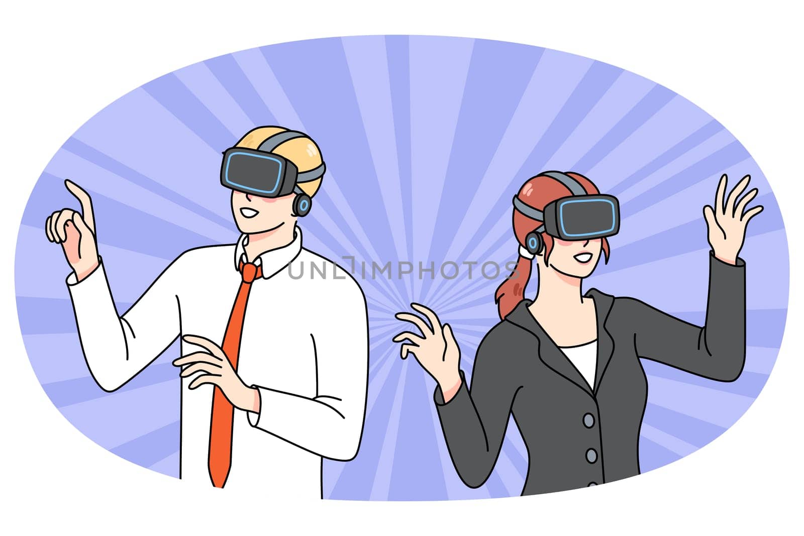 Diverse businesspeople in VR glasses explore new reality surroundings. Man and woman employees in virtual reality headsets use modern technologies at work. Flat vector illustration.
