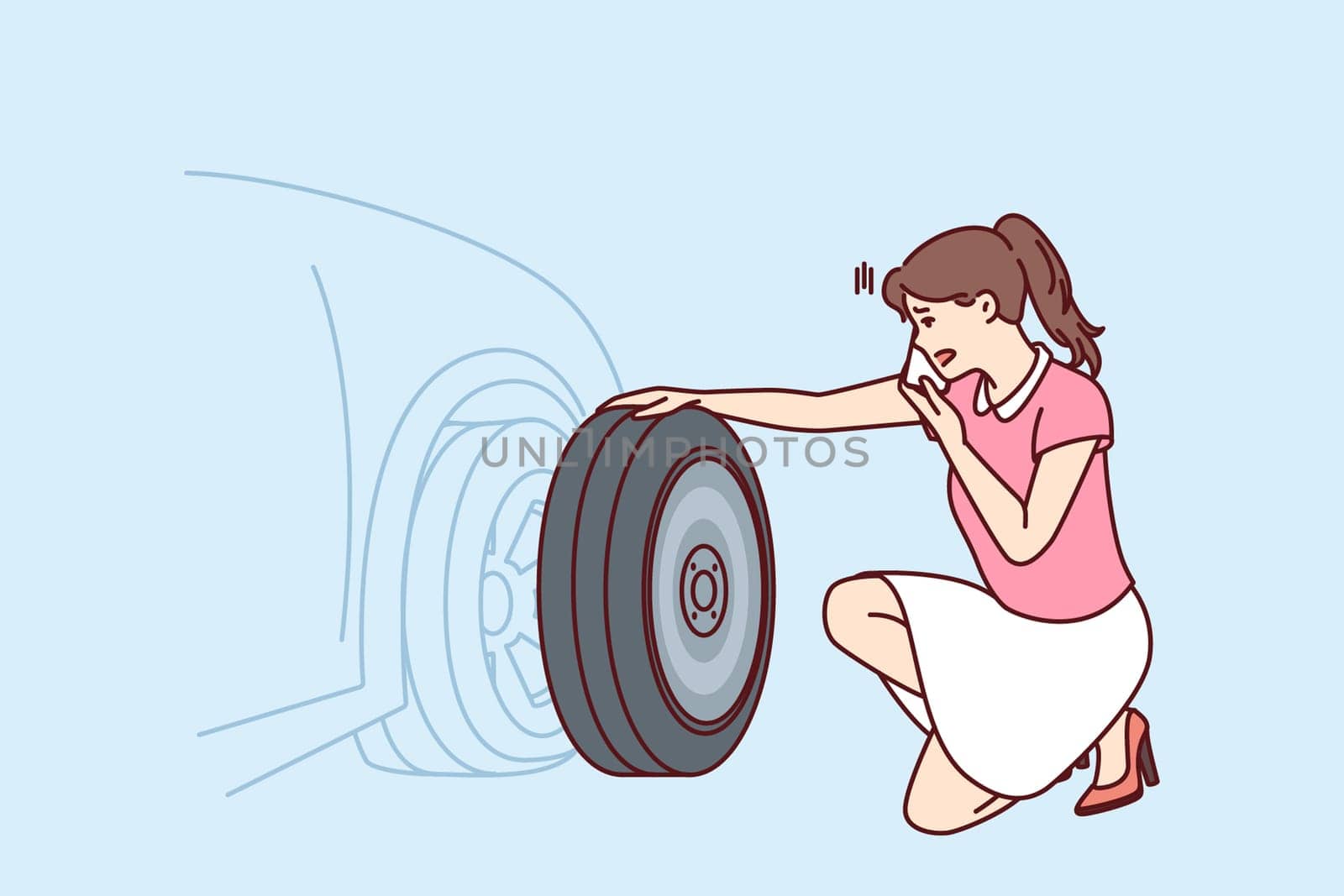 Woman looks at punctured car tire trying to call for help to change tire or haul automobile to garage. Girl near car parked on roadside needs emergency help for concept of breakdown on road