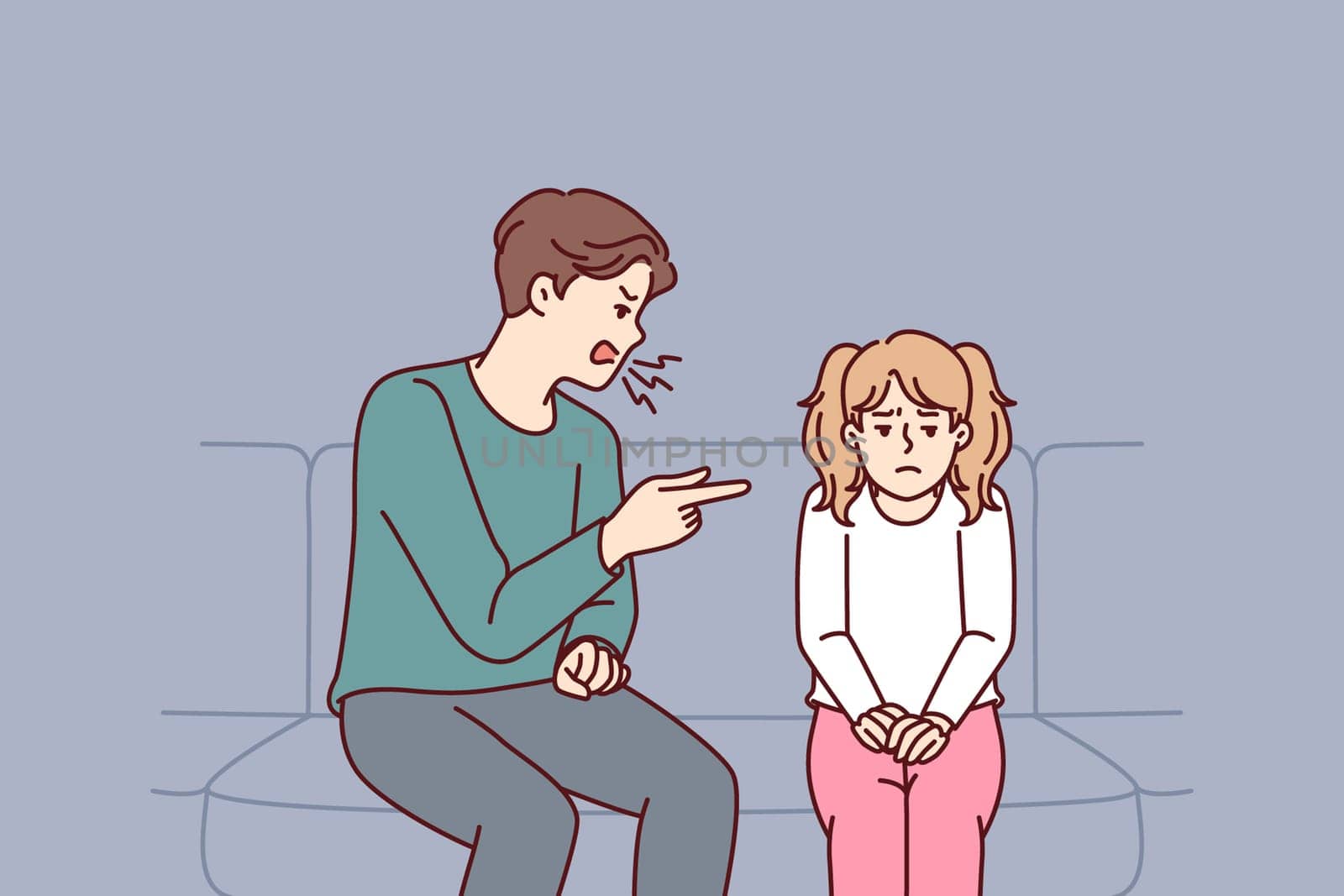 Father scolding teenage daughter because of bad behavior at school sitting on couch in apartment. Dad punishes little girl, screams and points finger at daughter after teacher call or bad grades