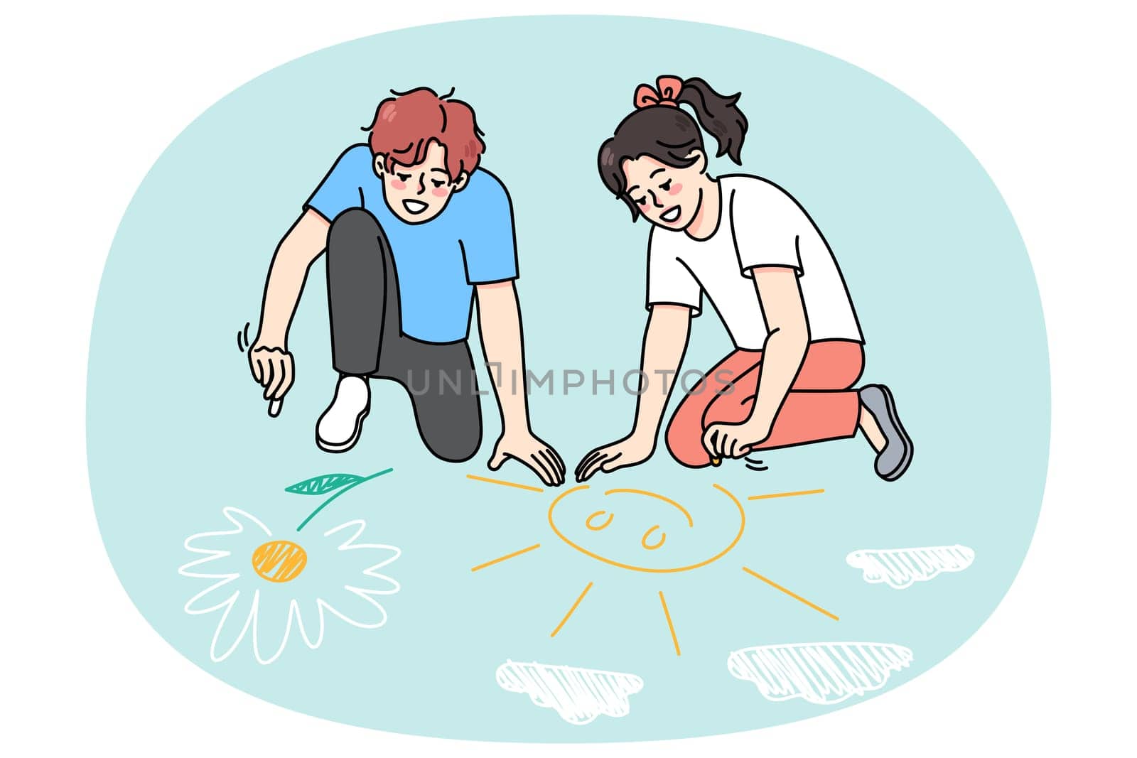 Happy teen kids have fun drawing on asphalt colorful pictures with chalk. Smiling funny little children relax play together outdoors. Joyful childhood. Flat vector illustration.