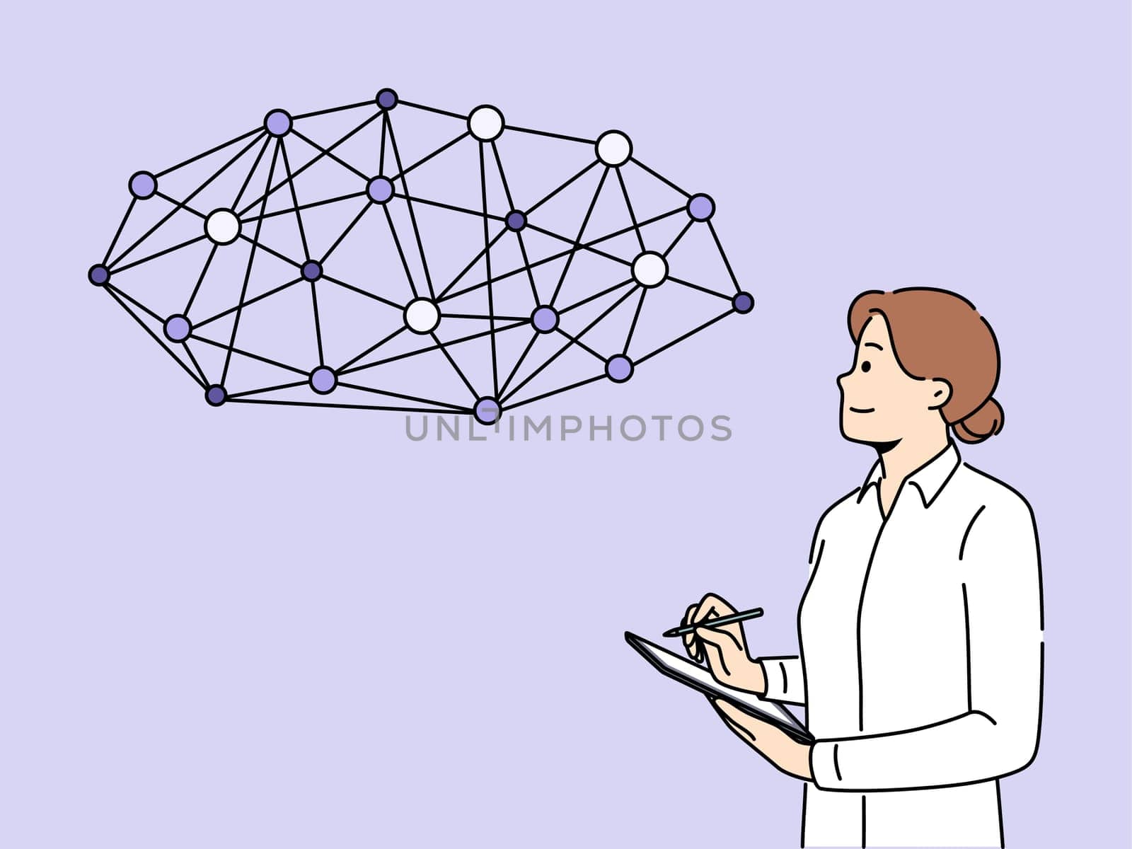 Smiling businesswoman take notes work with global network. Confident woman employee brainstorm busy working with digital futuristic interface. Vector illustration.