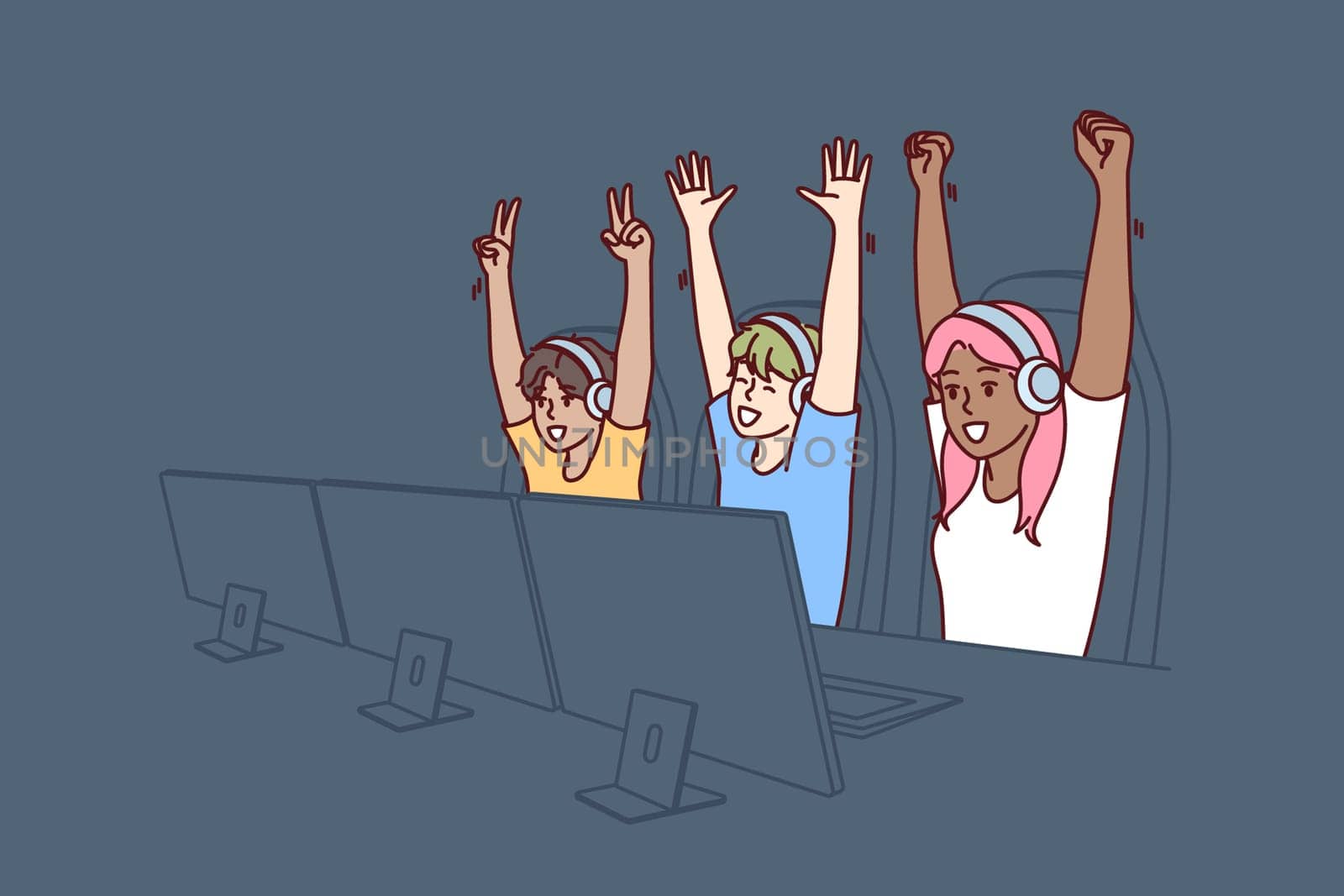 Team of teenagers esports or gamers have won multiplayer video game and are raising hands in triumph. Team of gamers are sitting at table with computers participating in cyber MMORPG tournament