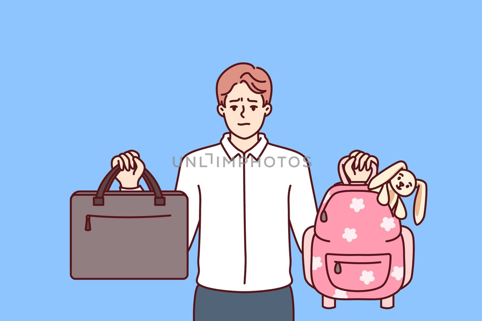 Man is trying to make choice between family and career, showing business briefcase and children school bag. Concept of difficult choices to achieve harmony and balance in career or parenting