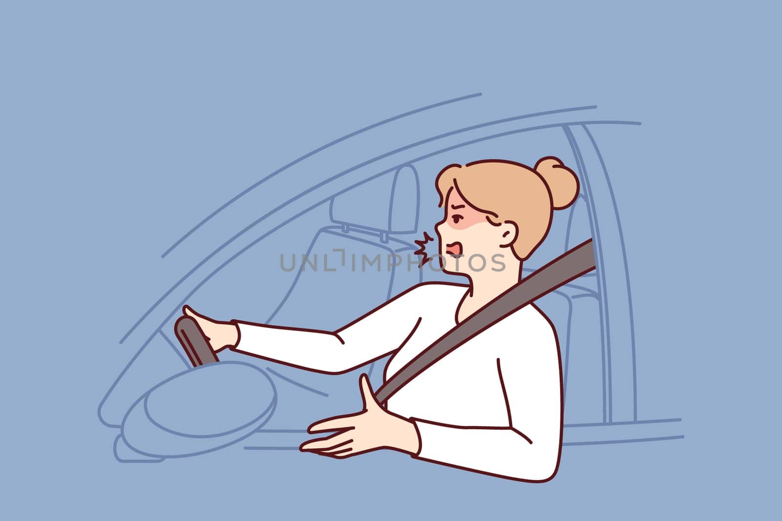 Woman driver got into traffic jam on road and swears feeling furious due to being late for work. Girl driving car during traffic jam on highway is angry at perpetrators of situation