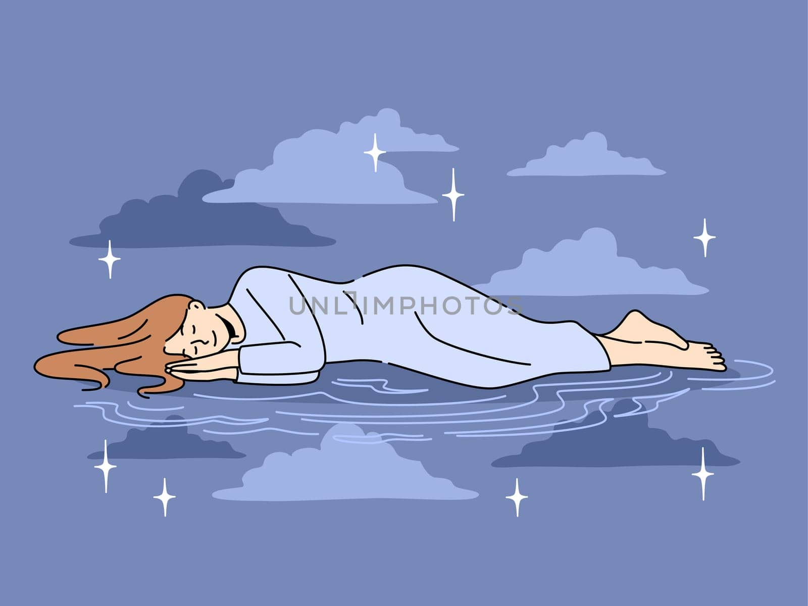 Calm woman lying sleeping in space among stars. Relaxed girl enjoying peaceful sleep in dark night sky. Daydreaming and relaxation. Vector illustration.