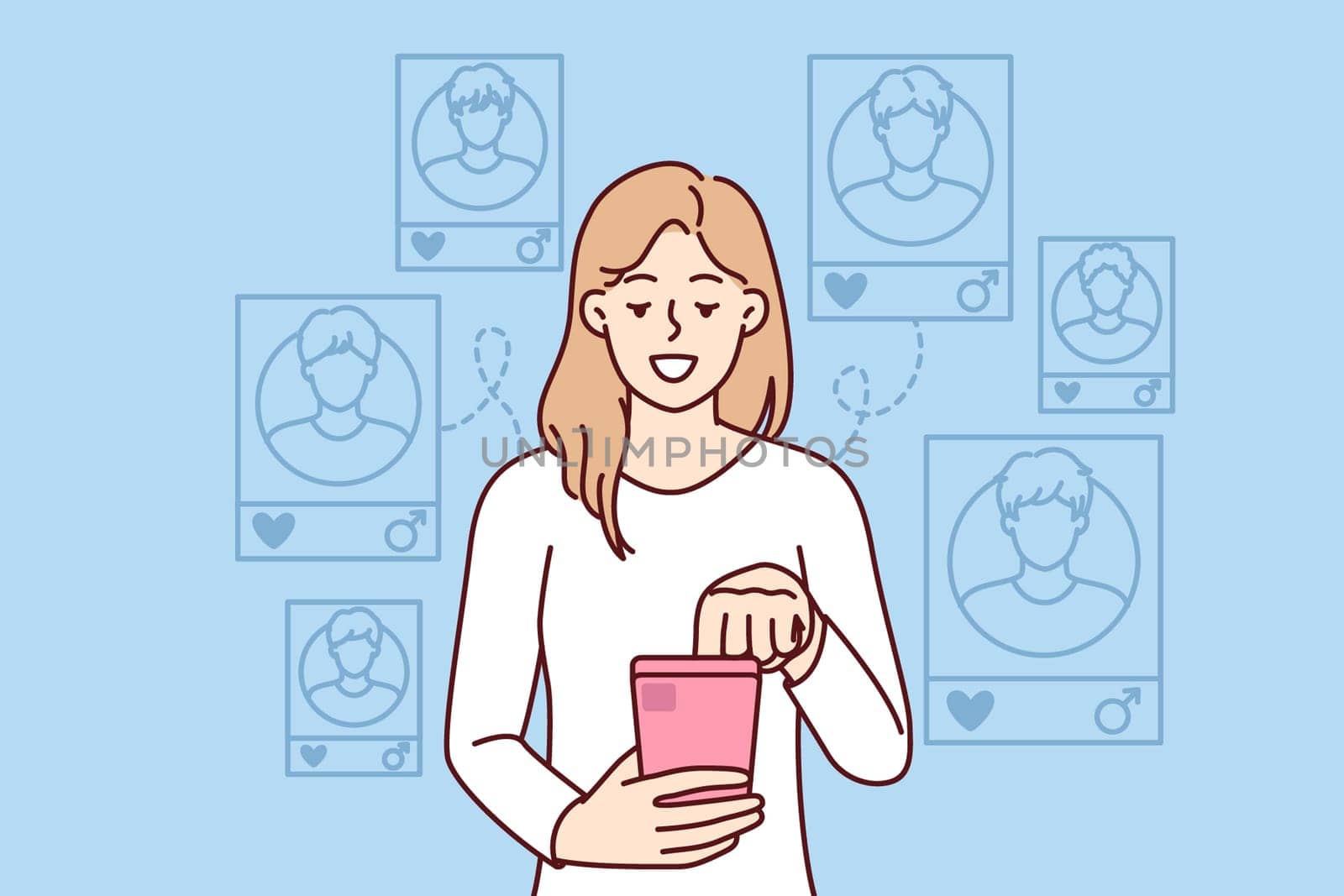Woman with phone use application for online dating and find new boyfriend for serious relationship or one-time dates. Girl with smartphone visits social networks for dating choosing men from photo