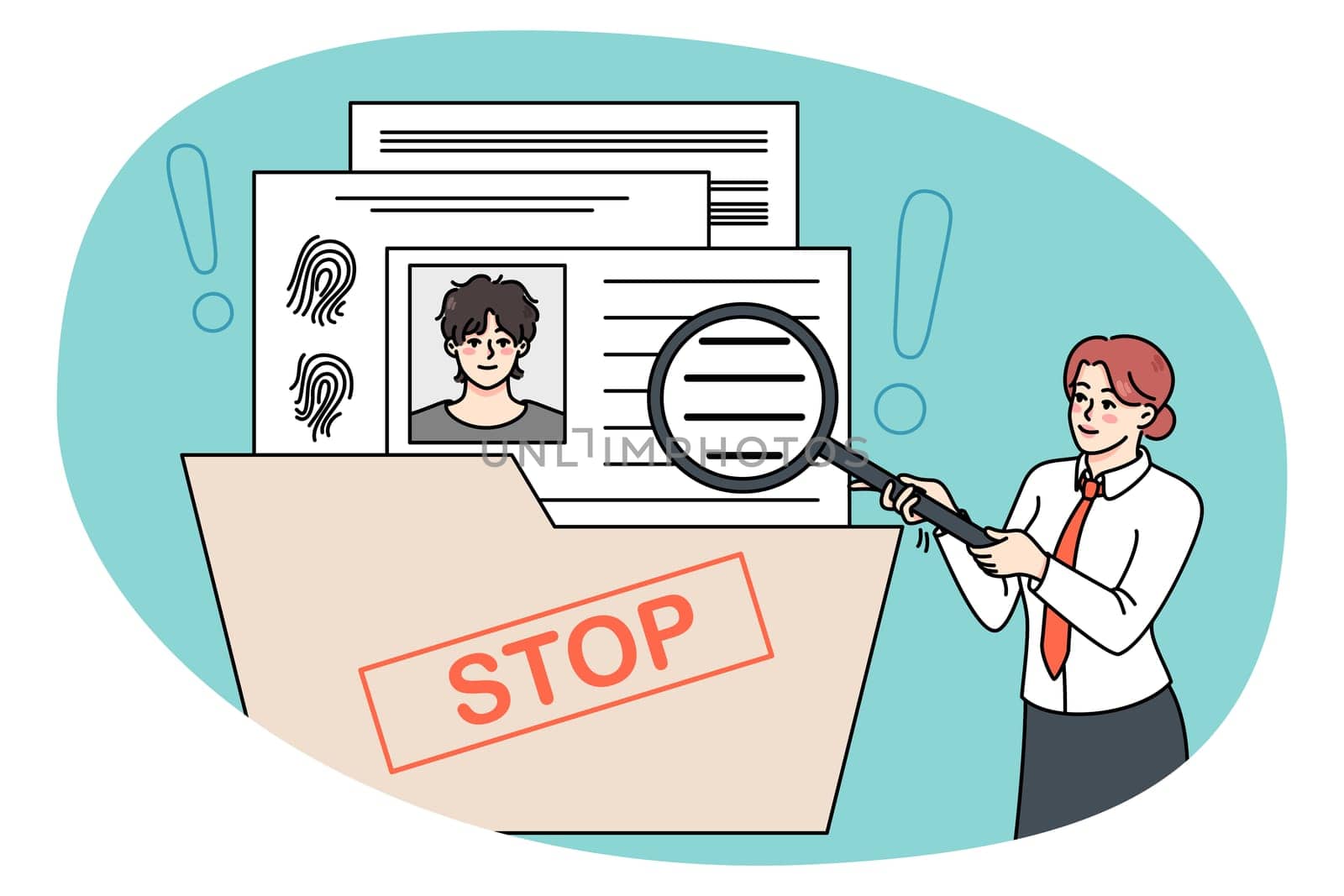 Businesswoman with magnifier explore job candidate cv for open vacancy. Female recruiter or employer look for applicants. Employment and hiring concept. Vector illustration.
