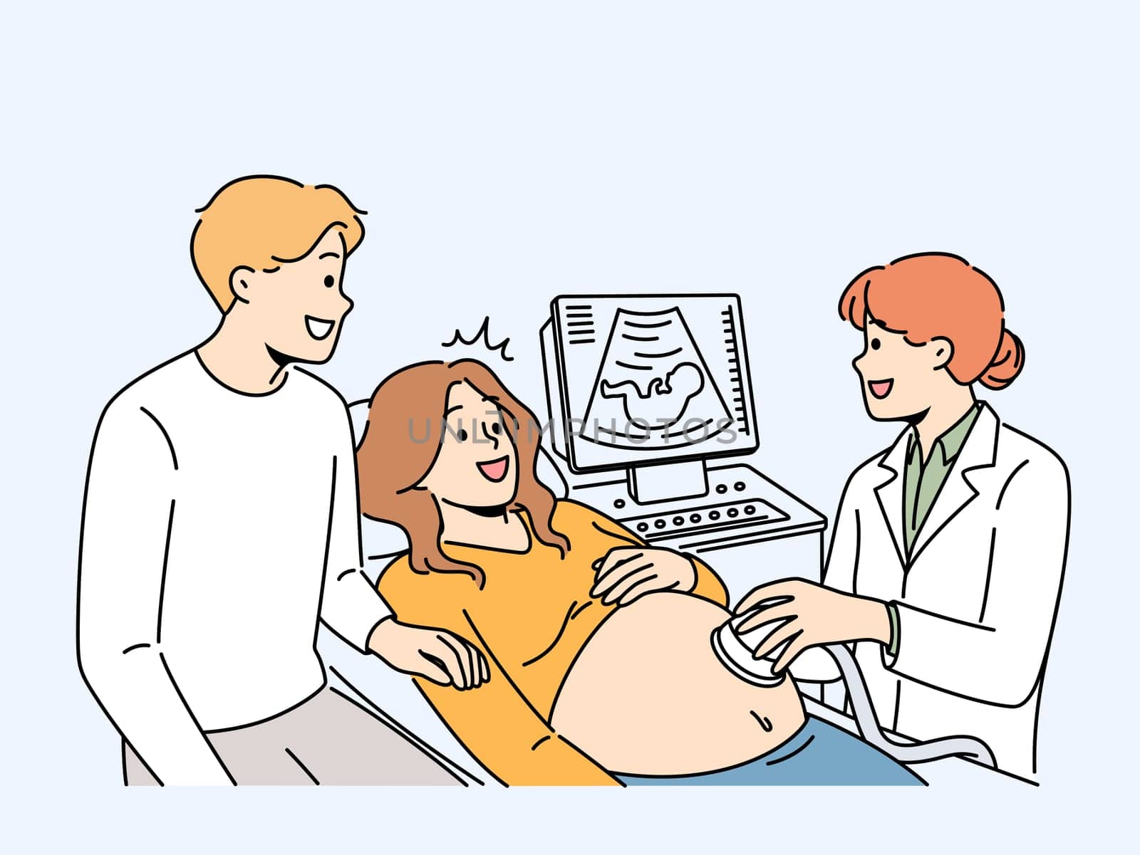 Happy pregnant couple have ultrasound in clinic. Smiling future parents on checkup with doctor in hospital. Pregnancy and parenthood. Vector illustration.