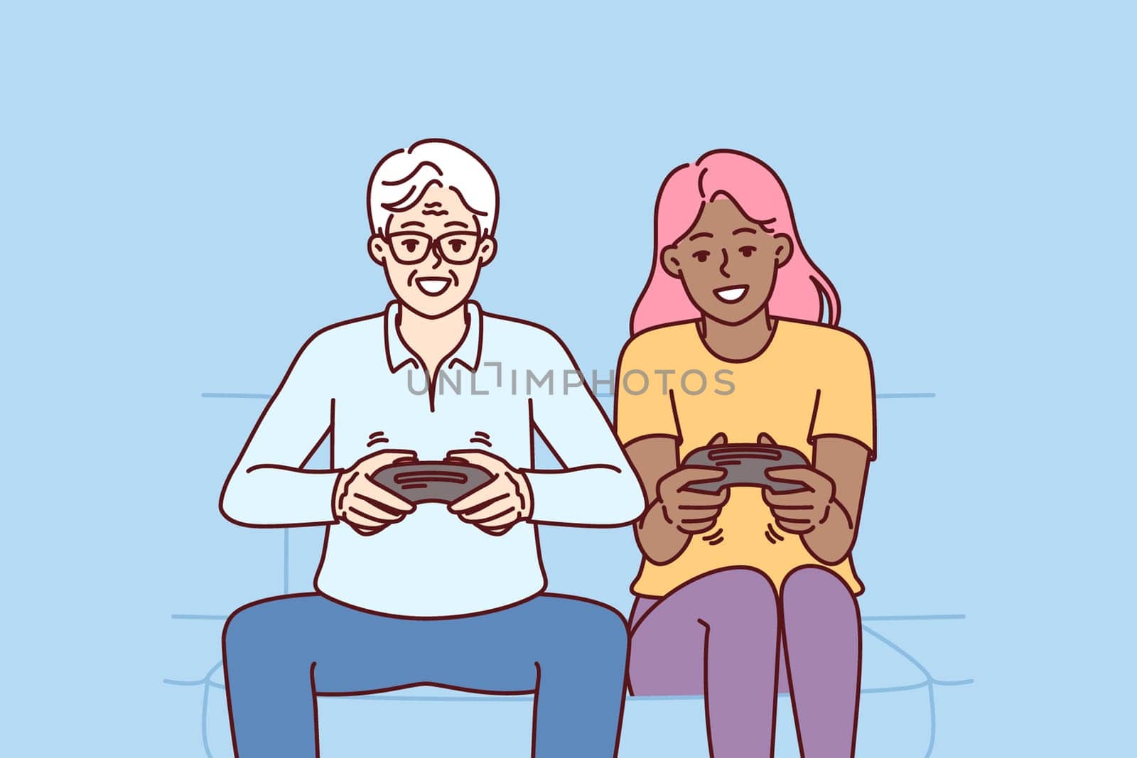 Diverse man and woman with joysticks are sitting on sofa playing game fighting virtual characters. Elderly human and African American girl play multiplayer console game spending weekend together
