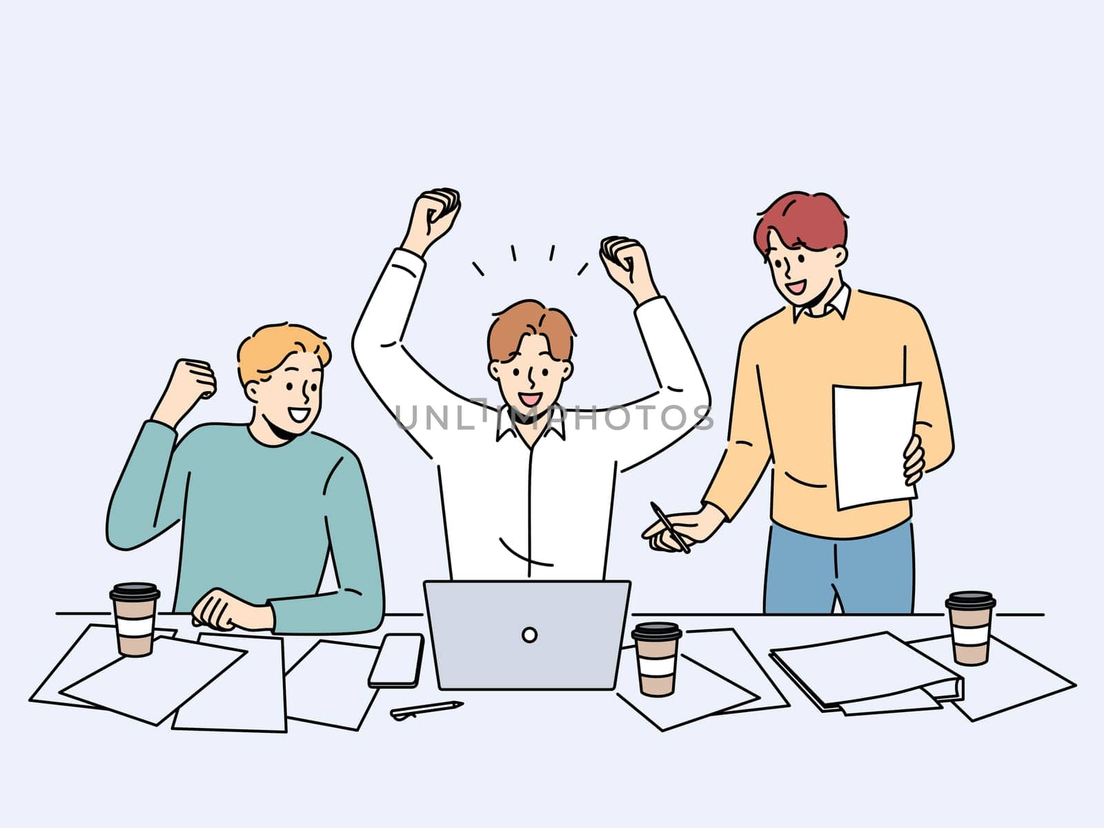 Smiling male employees work on laptop celebrate online win in office. Happy colleagues triumph with work achievement or success. Vector illustration.