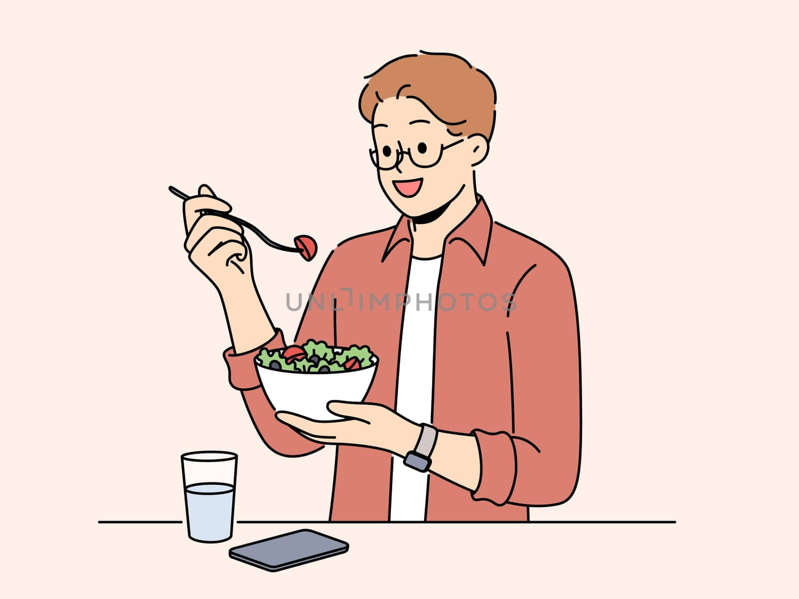 Smiling man eat vegetable salad drink clear water. Happy male follow healthy diet care about nutrition. Vector illustration.
