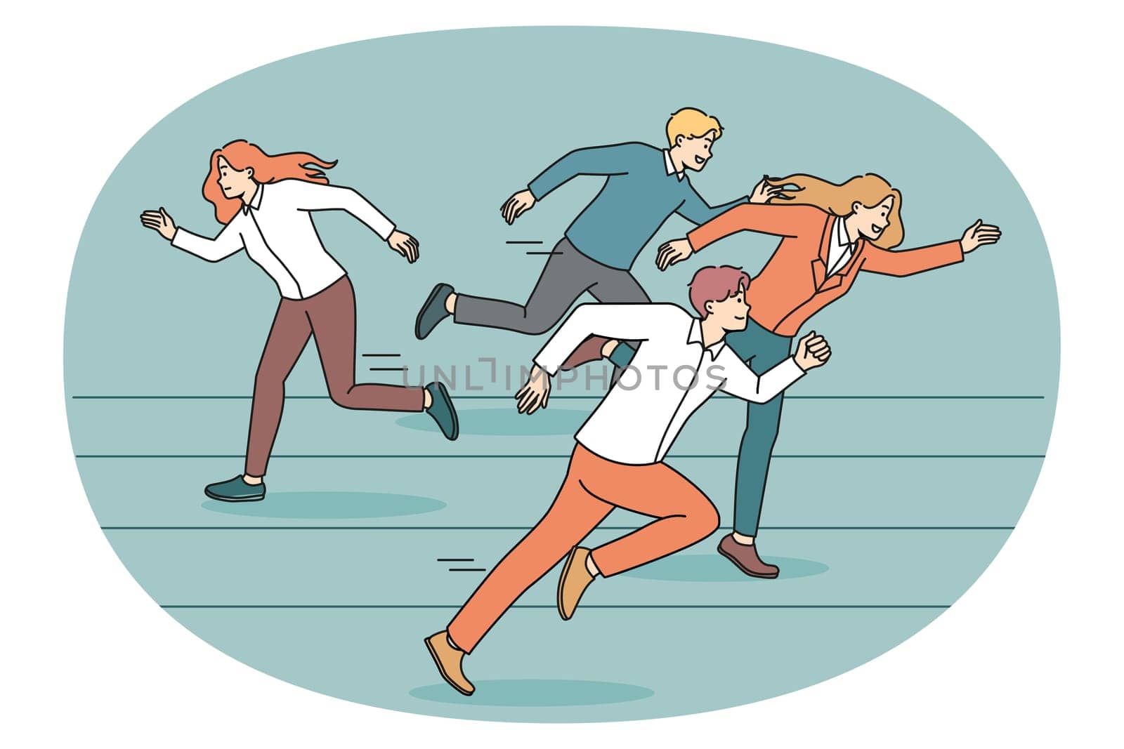 Weak woman employee refuse compete in race with colleagues or coworkers. Unmotivated female surrender from contest, fail quit life competition or game. Loser. Vector illustration.