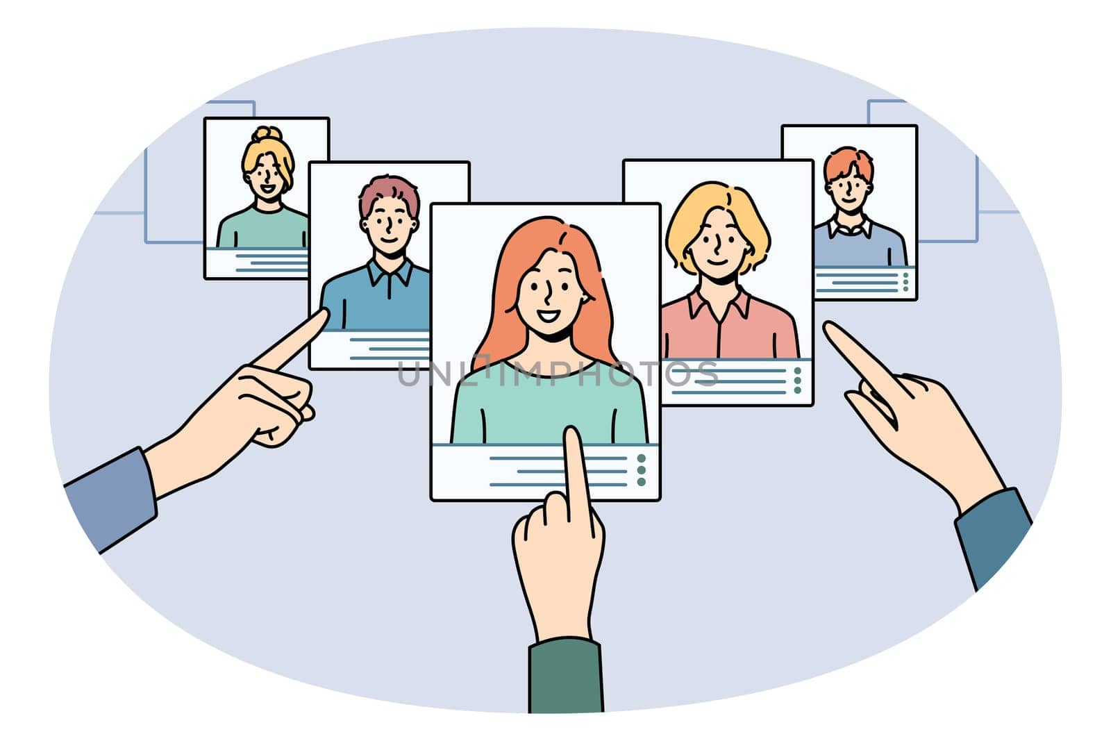 Hands choose digital CV of work candidates or applicants in app. Employer or recruiter make decision on resume of people seek for job. Employment and recruitment. Vector illustration.