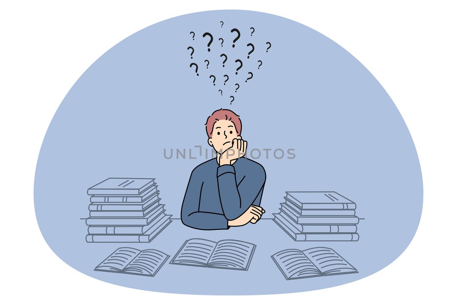 Pensive guy suit at desk studying thinking or pondering of problems finding solution. Thoughtful man with books feel frustrated daydreaming or planning. Dilemma. Vector illustration.