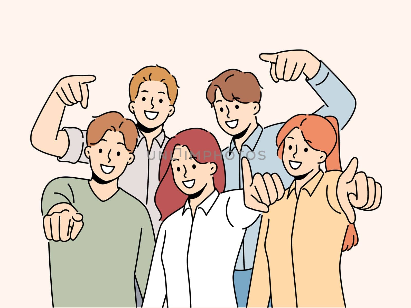 Group of smiling employees point at screen choose work candidate. Team of happy businesspeople choose you for employment or recruitment. Vector illustration.