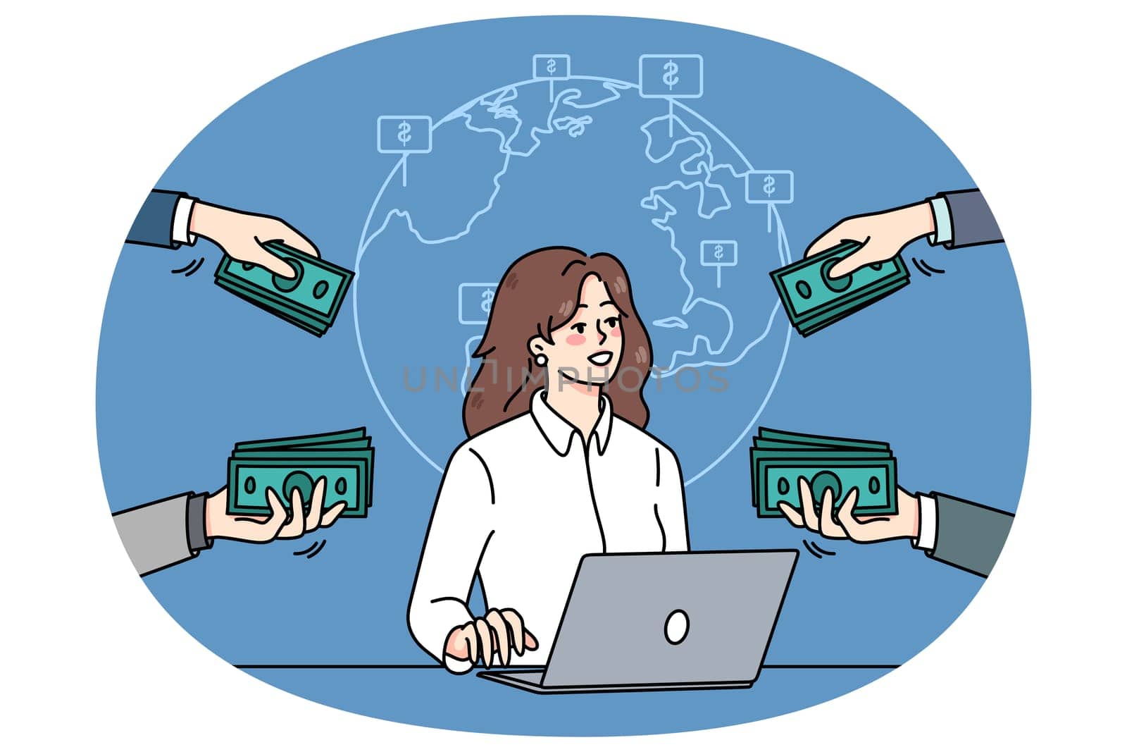Successful businesswoman work online on computer get contracts around the world. Female freelancer get money or financial compensation for web job. Freelance. Vector illustration.