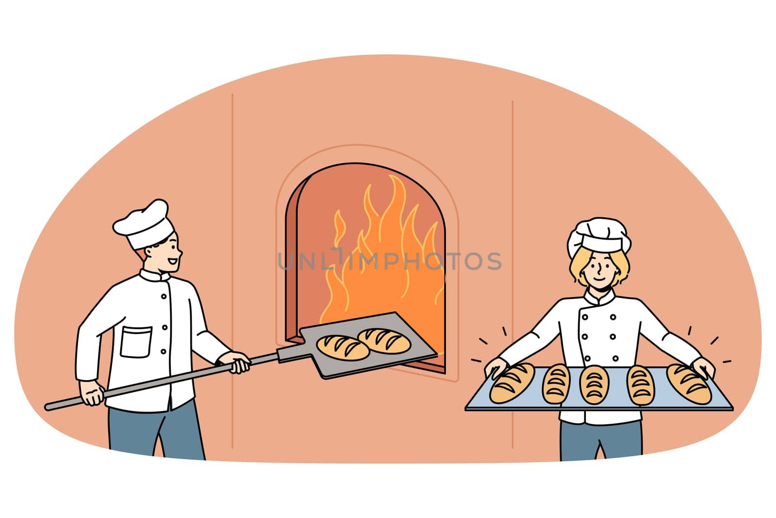 Happy bakers in uniform prepare cook fresh tasty crusty loaves in oven. Smiling worker bake delicious bread in bakery shop or house. Small business ownership, bakeshop. Vector illustration.