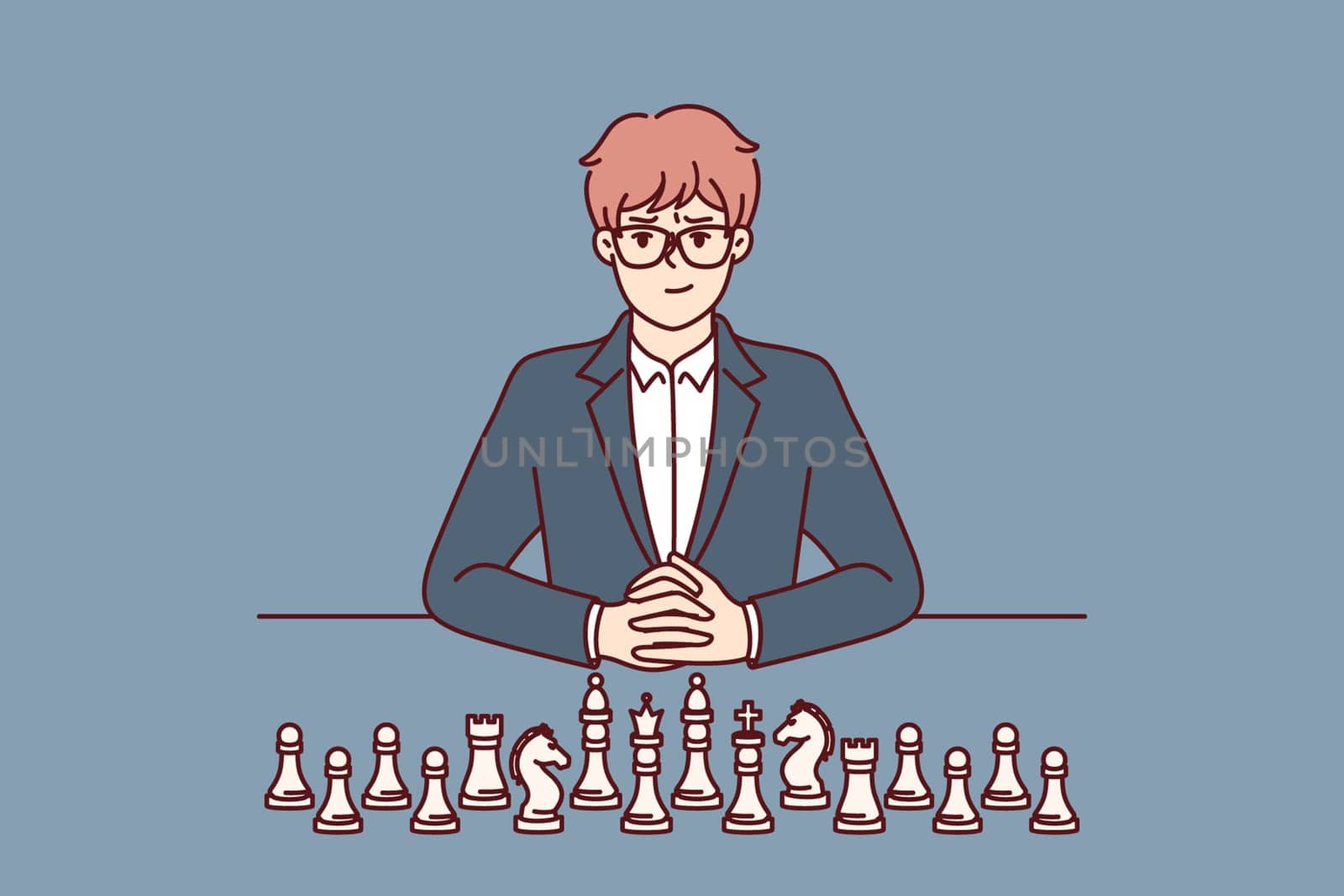 Businessman with chess pieces sits at table and looks at screen for concept of strategic planning in business. Man ceo of large corporation near chess symbolizing mind and strategic thinking