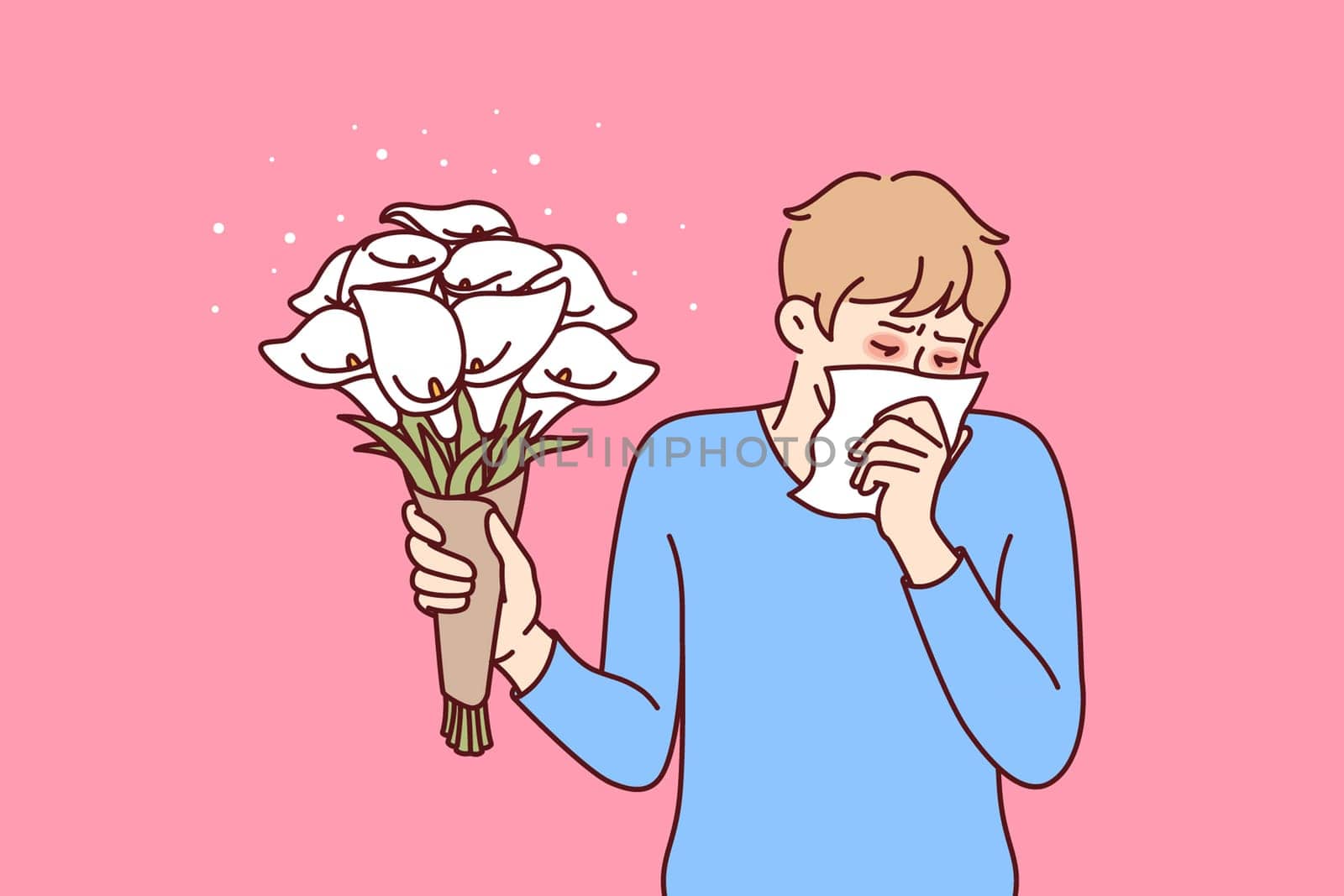 Allergic man holding bouquet flowers and using handkerchief suffering from pollen in need of allergy medicine. Everyday guy allergic with lilies wanting to make romantic gift suffers from runny nose