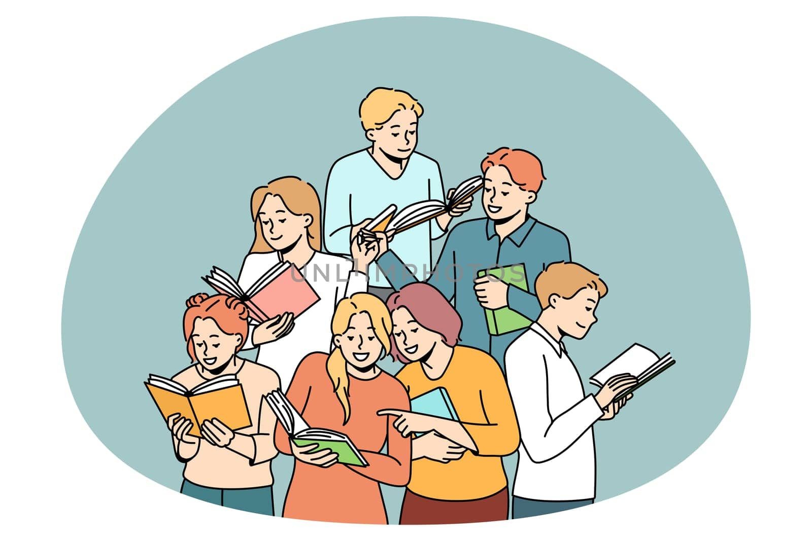 Happy diverse students with books enjoy learning together. Smiling millennial teenagers with textbooks study in group prepare for exam or test. Education and friendship. Vector illustration.