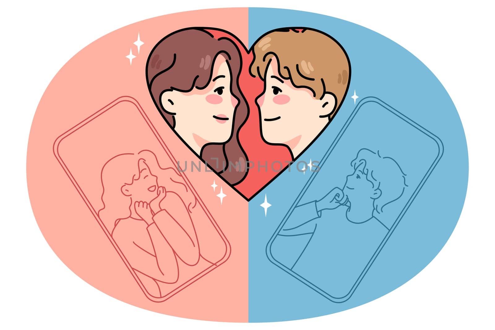 Happy man and woman dating texting online on social media on cellphone. Male and female couple talk virtual on smartphone. Remote relationships and communication. Vector illustration.