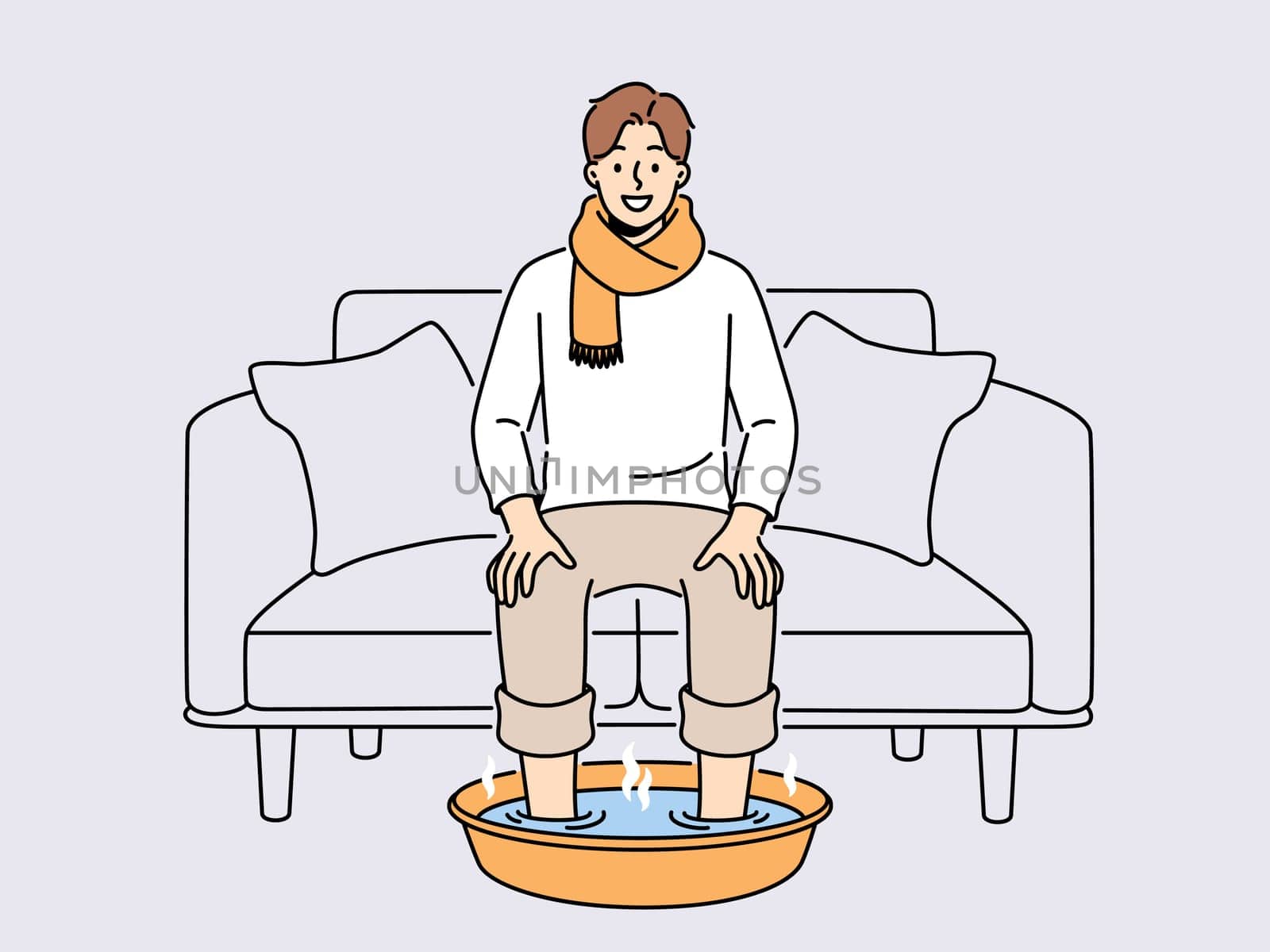 Smiling man in scarf sit on sofa at home soak feet in hot water. Happy male suffer from cold or flu do procedures for fast recovery. Healthcare. Vector illustration.