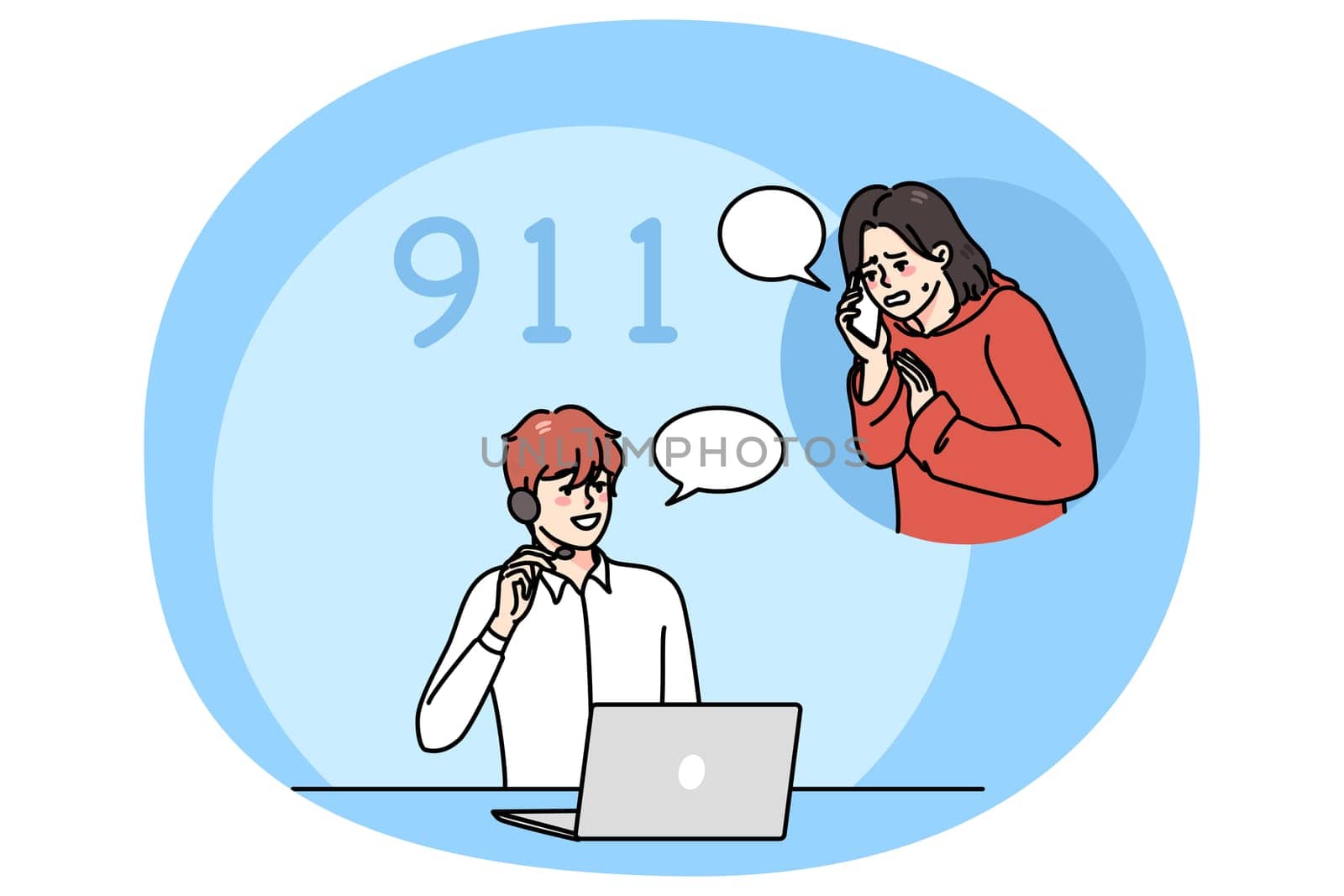 Scared woman call emergency line operator tell about health problem. Anxious unwell female dial urgent medical care unit for help or first aid. Healthcare and medicine. Vector illustration.